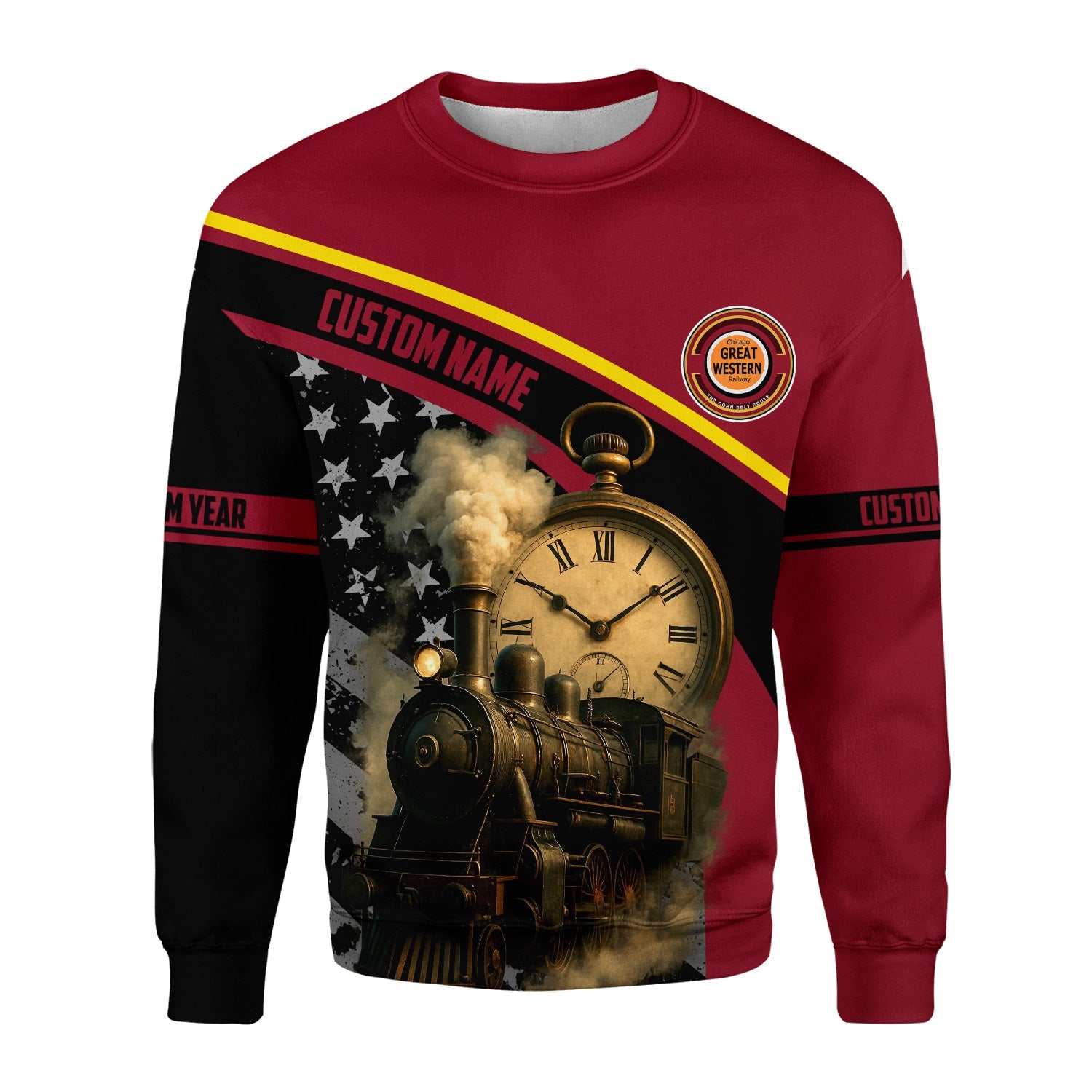 Railspirit Personalized Chicago Great Western Railroad Sweatshirt Classic Steam Engine With Retro Pocket Watch Shirt All Over Print