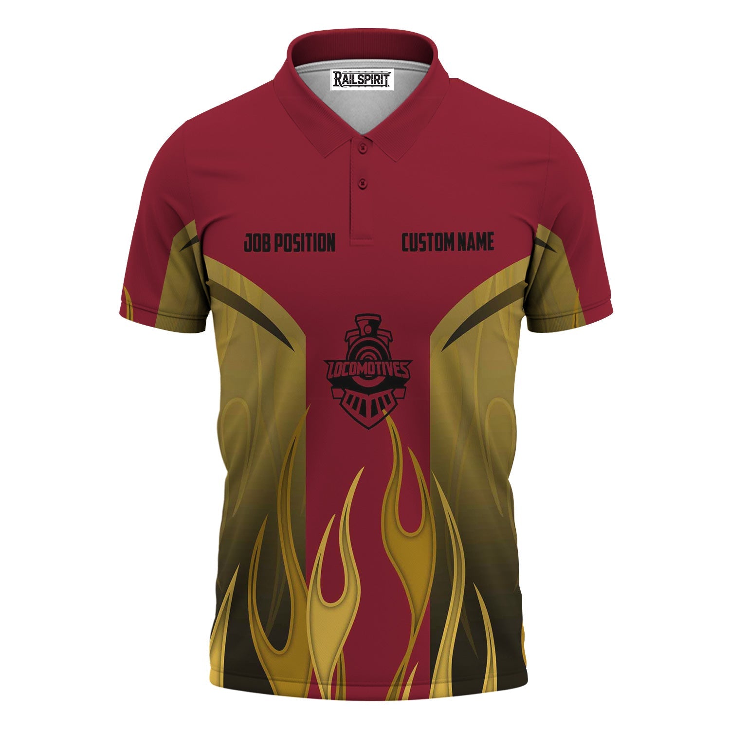 Railspirit Custom Name and Job Title Chicago Great Western Railroad Polo Shirt Flame Graphic Train Shirt