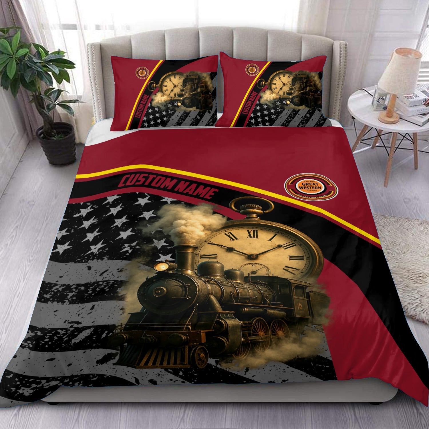 Railspirit Personalized Chicago Great Western Railroad Bedding Set Classic Steam Engine With Retro Pocket Watch Bedding Set All Over Print