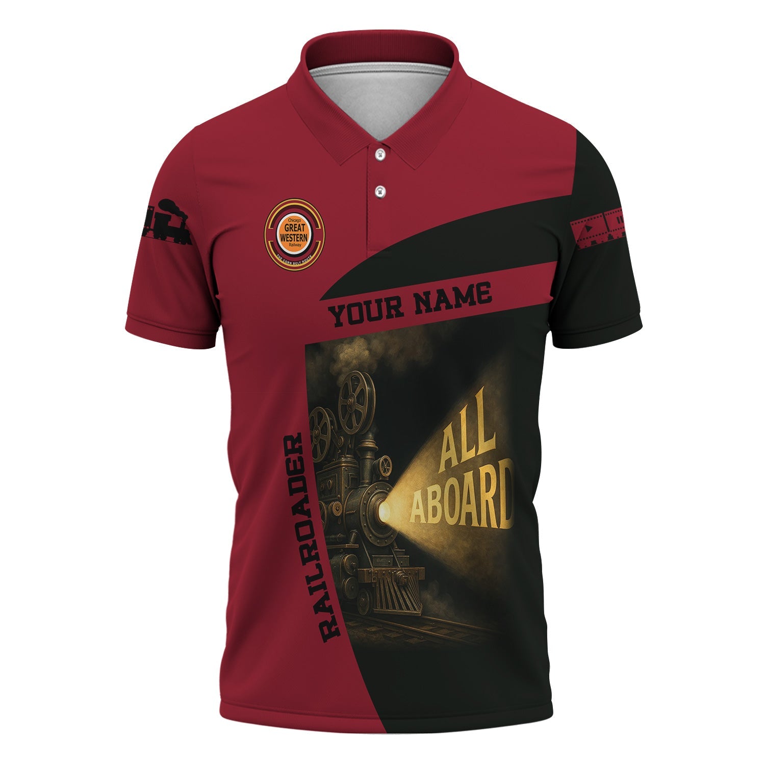 Railspirit Personalized Chicago Great Western Railroad Polo Shirt All Aboard Steam Train Movie Projector Style Shirt