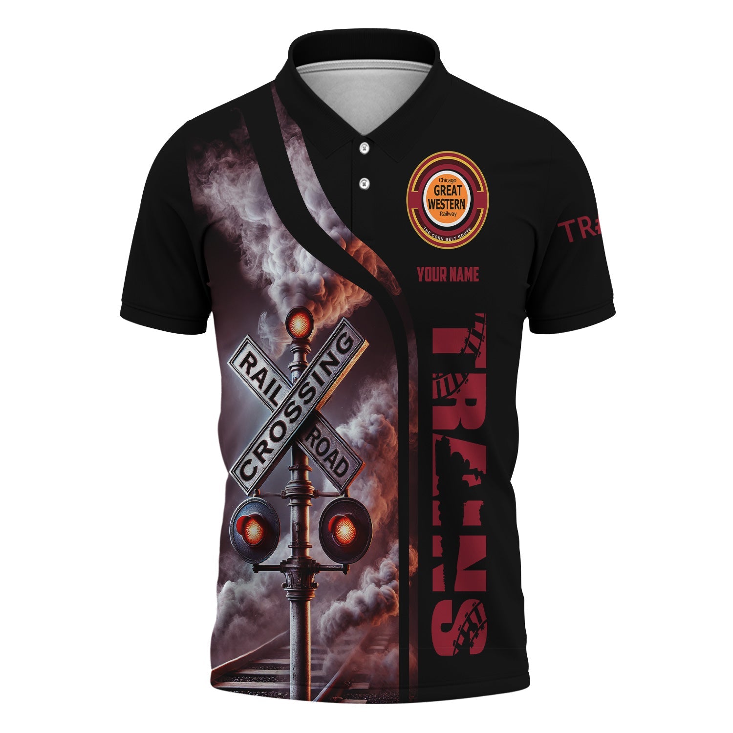 Railspirit Personalized Chicago Great Western Railroad Polo Shirt Crossing Railroad Sign American Locomotive Train Shirt All Over Print