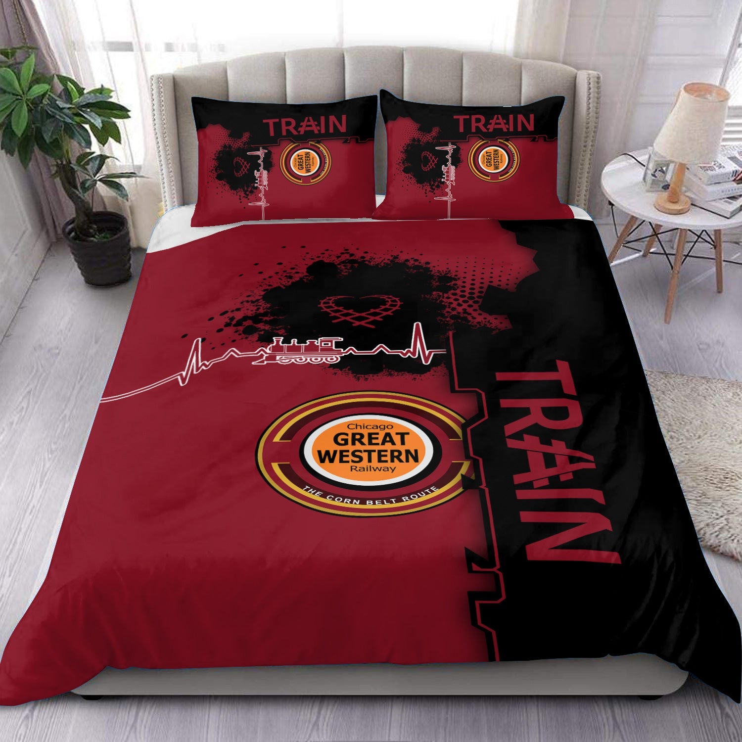 Railspirit Chicago Great Western Railroad Bedding Set Engine Heartbeat and Track Love Style Bedding Set Gift Idea For Train Lovers