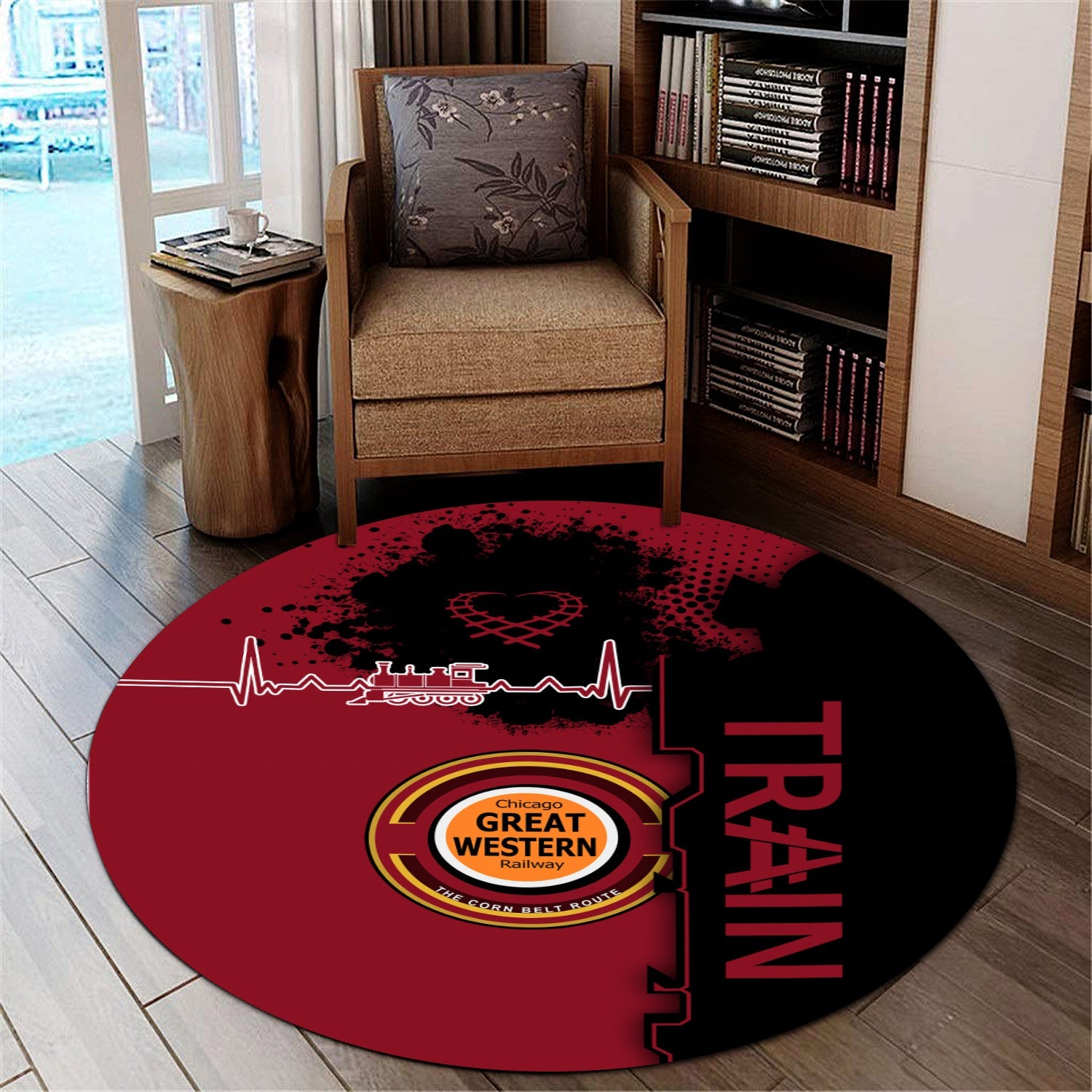 Railspirit Chicago Great Western Railroad Round Mat Engine Heartbeat and Track Love Style Mat Gift Idea For Train Lovers