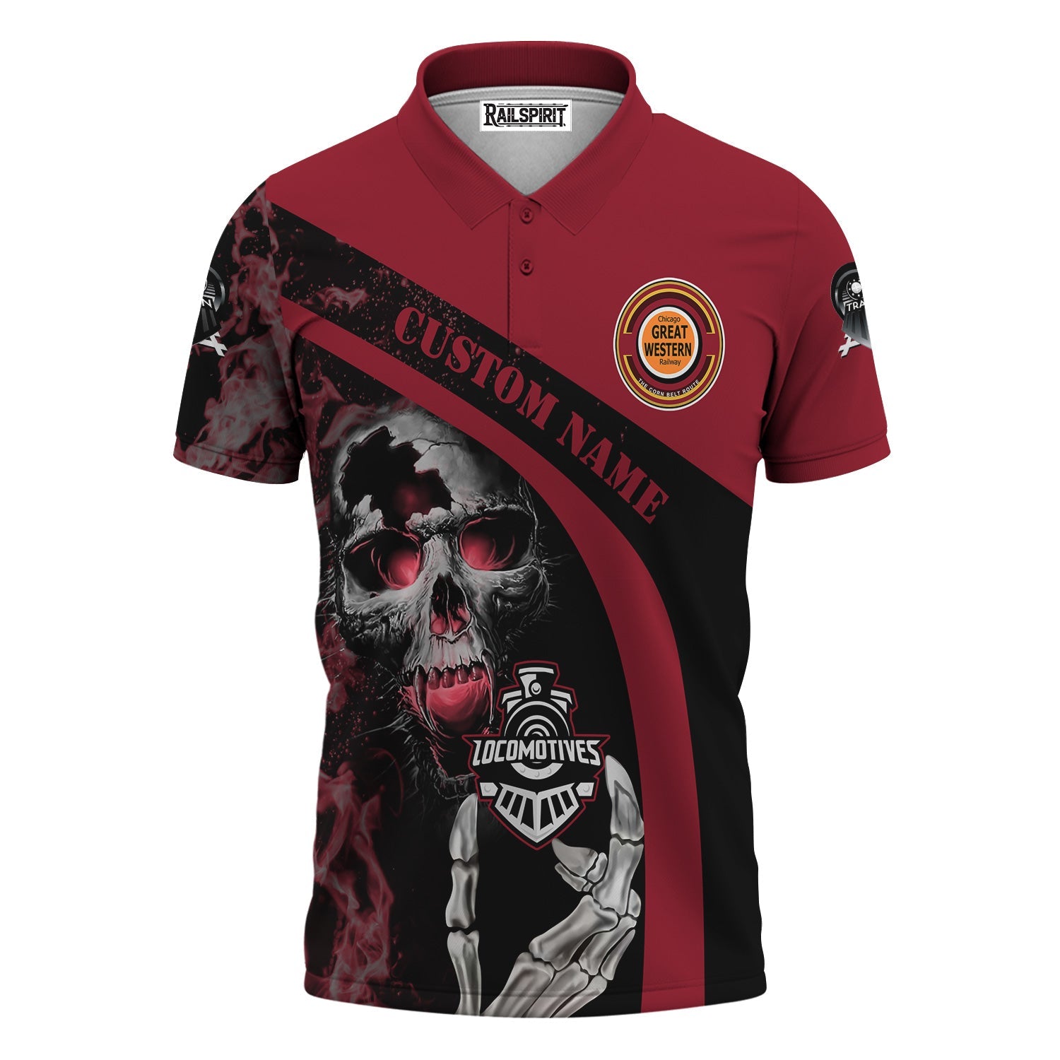 Railspirit Personalized Chicago Great Western Railroad Polo Shirt Flame Skull Design Train Shirt for Locomotive Fans