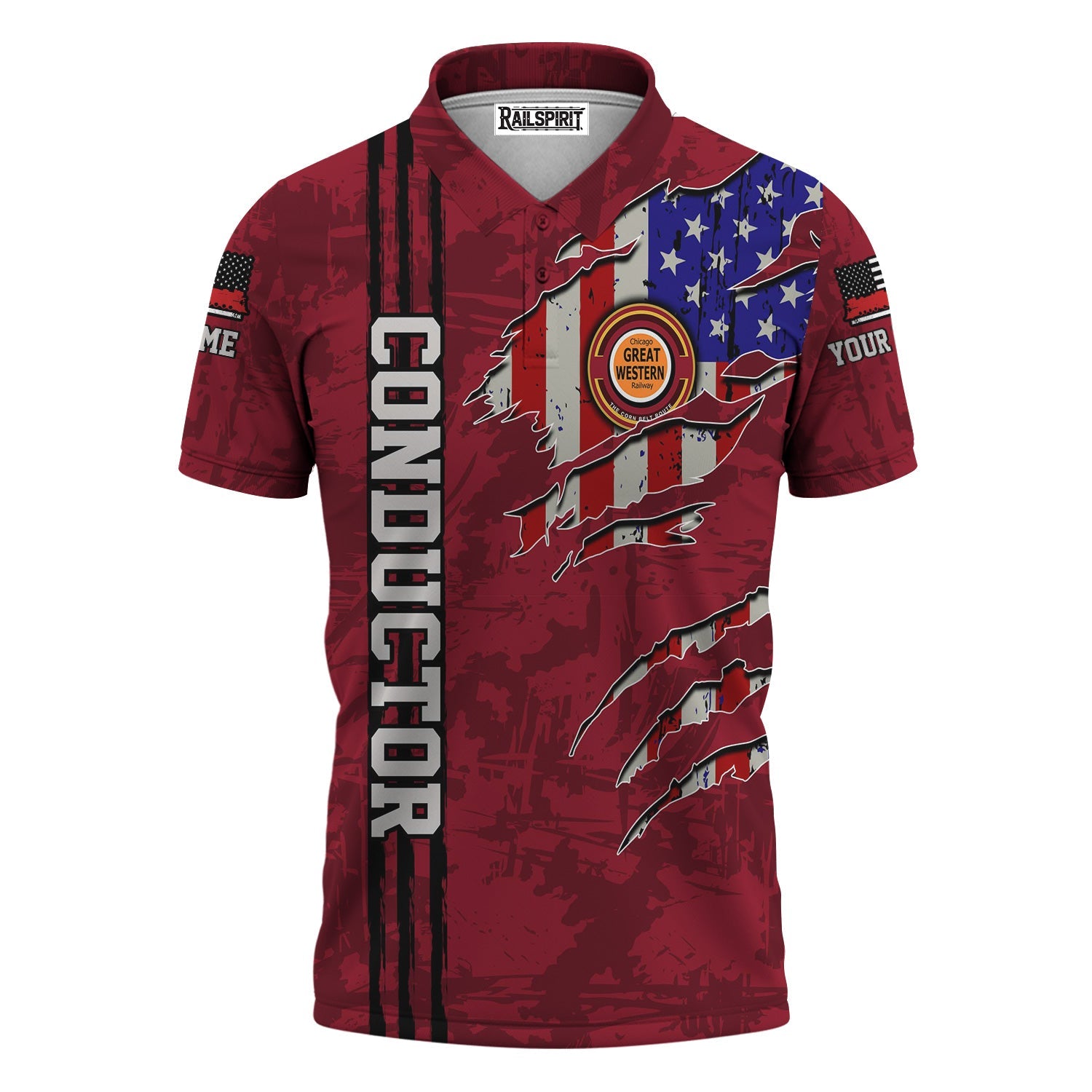 Railspirit Personalized Chicago Great Western Railroad Polo Shirt USA Flag Claw Art with Custom Job Train Shirt