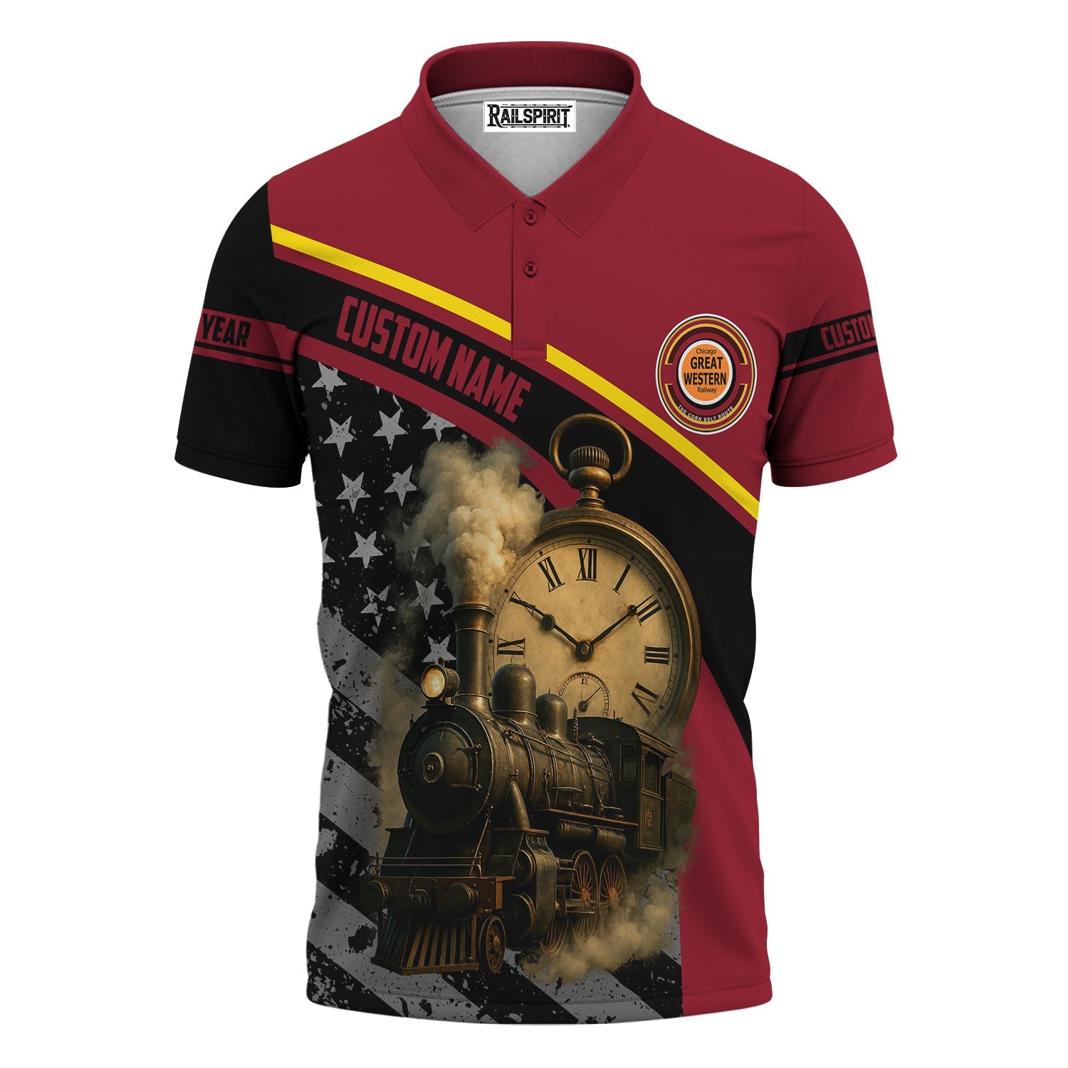 Railspirit Personalized Chicago Great Western Railroad Polo Shirt Classic Steam Engine With Retro Pocket Watch Shirt All Over Print