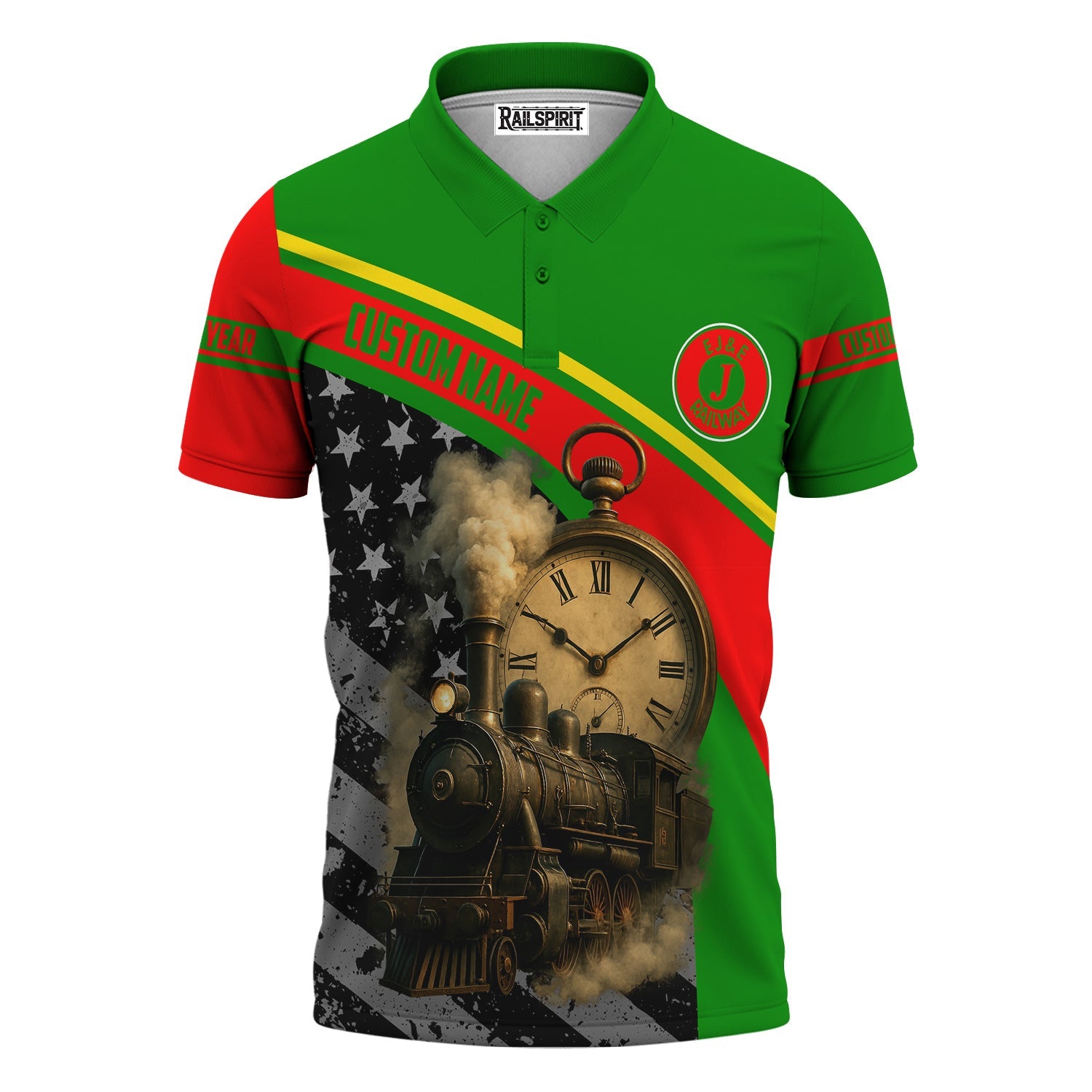 Railspirit Personalized Elgin Joliet And Eastern Railroad Polo Shirt Classic Steam Engine With Retro Pocket Watch Shirt All Over Print