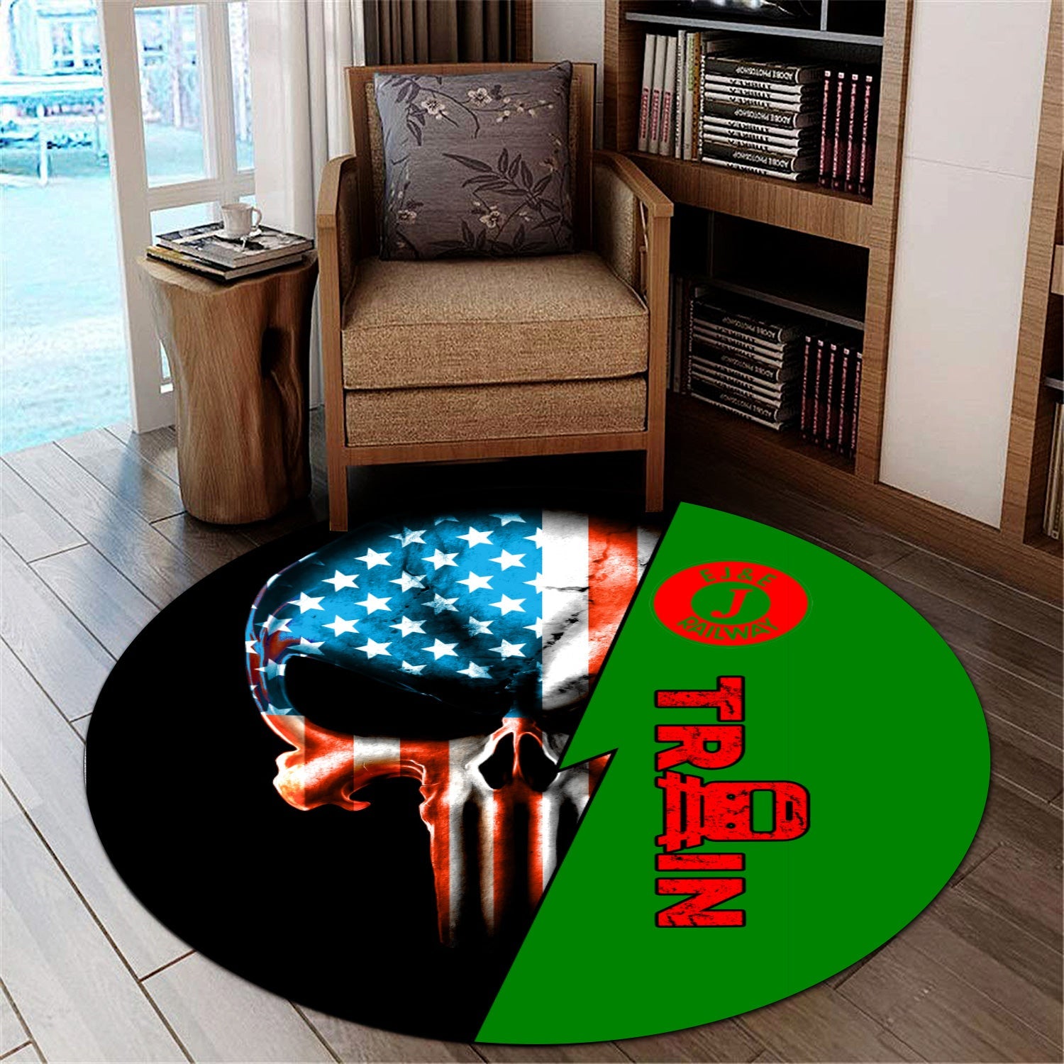 Railspirit Elgin Joliet And Eastern Railroad Round Mat Train Skull American Flag Style Rug All Over Print