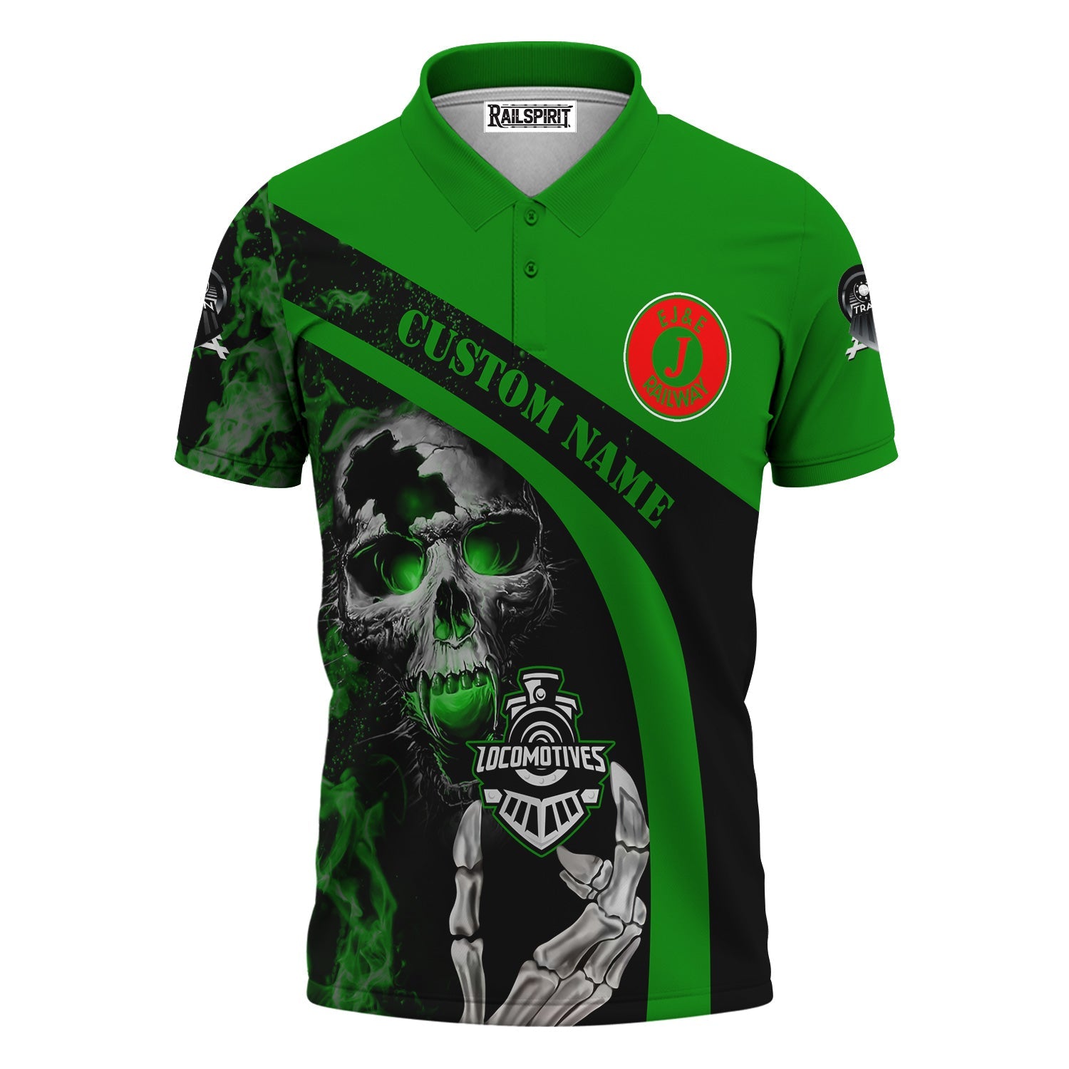 Railspirit Personalized Elgin Joliet And Eastern Railroad Polo Shirt Flame Skull Design Train Shirt for Locomotive Fans