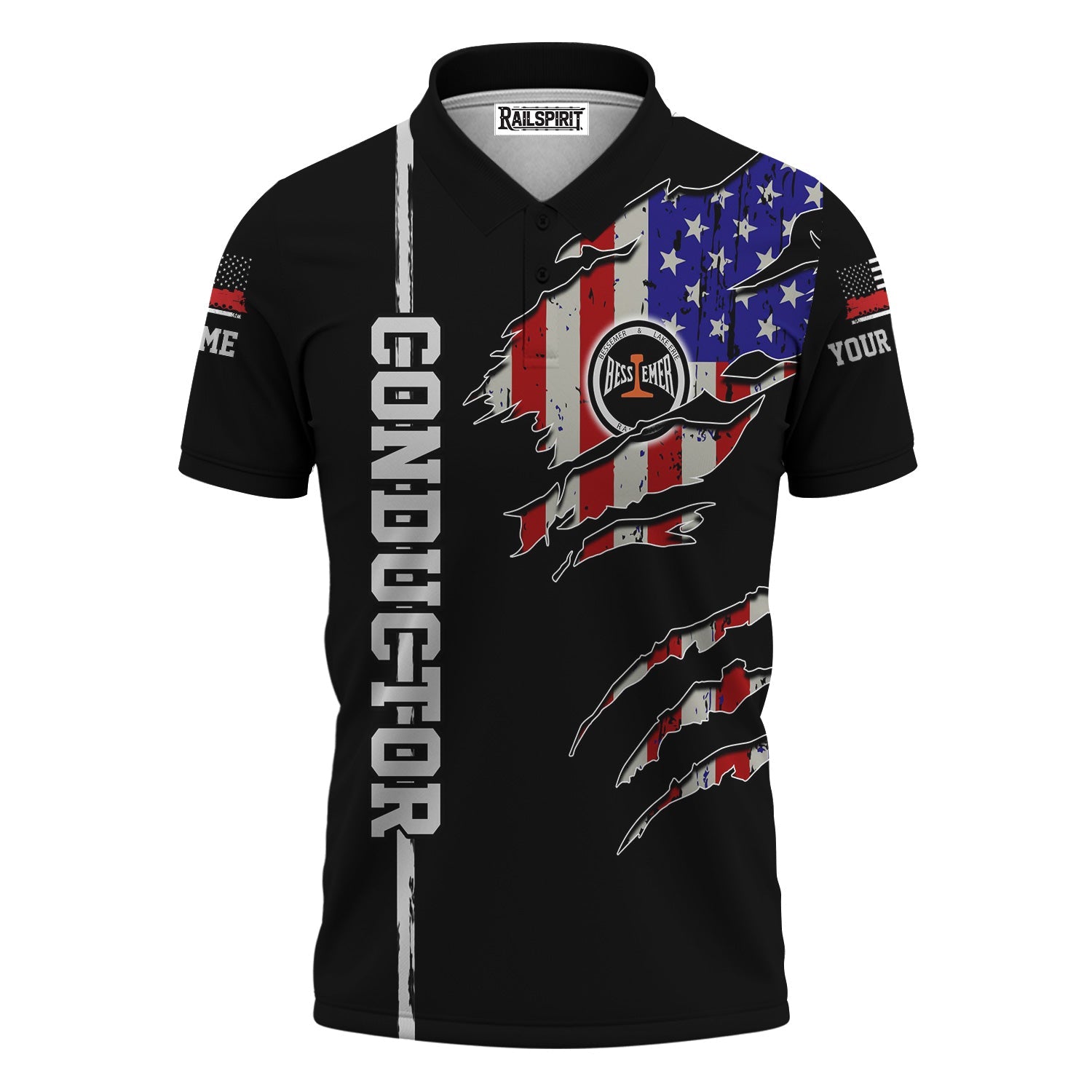 Railspirit Personalized Bessemer And Lake Erie Railroad Polo Shirt USA Flag Claw Art with Custom Job Train Shirt