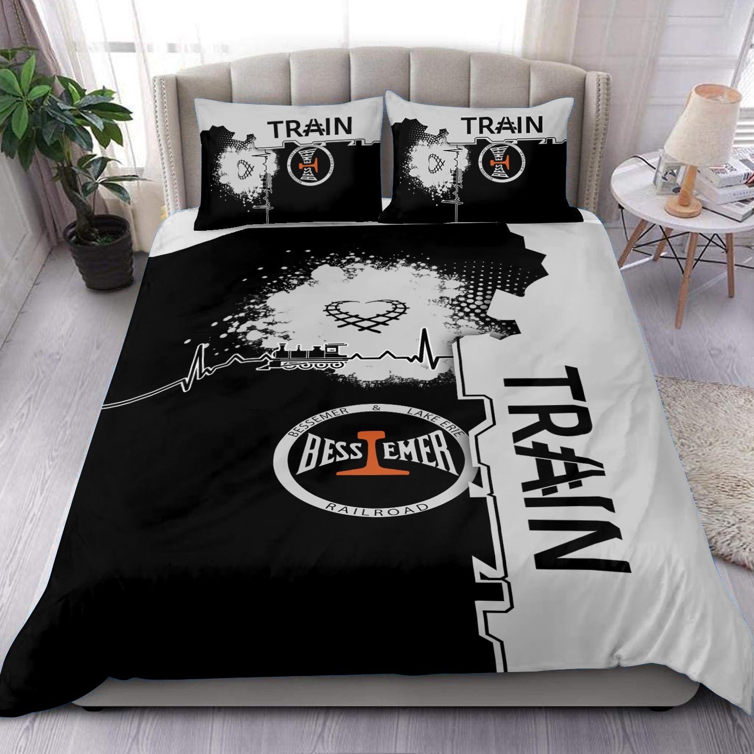 Railspirit Bessemer And Lake Erie Railroad Bedding Set Engine Heartbeat and Track Love Style Bedding Set Gift Idea For Train Lovers