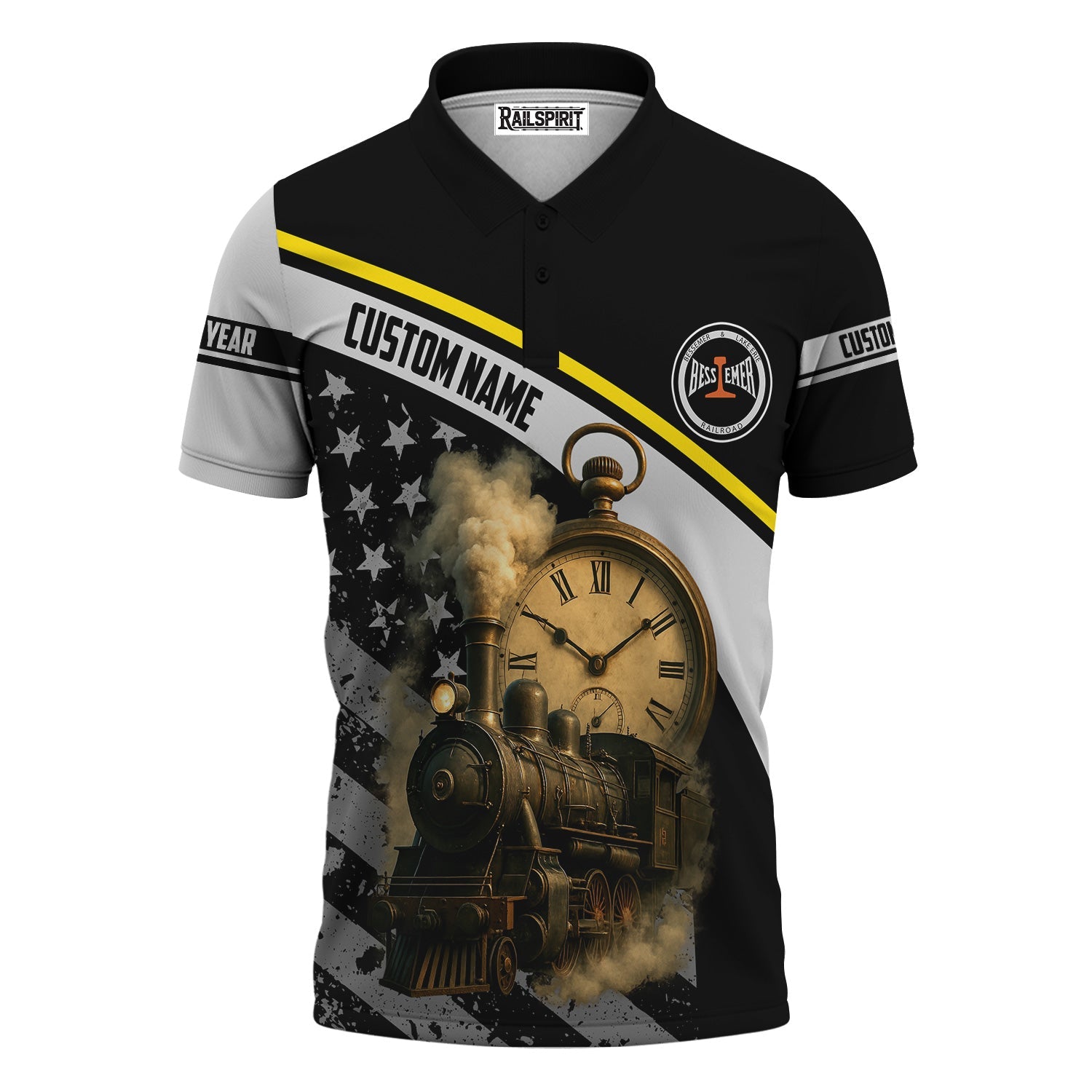 Railspirit Personalized Bessemer And Lake Erie Railroad Polo Shirt Classic Steam Engine With Retro Pocket Watch Shirt All Over Print