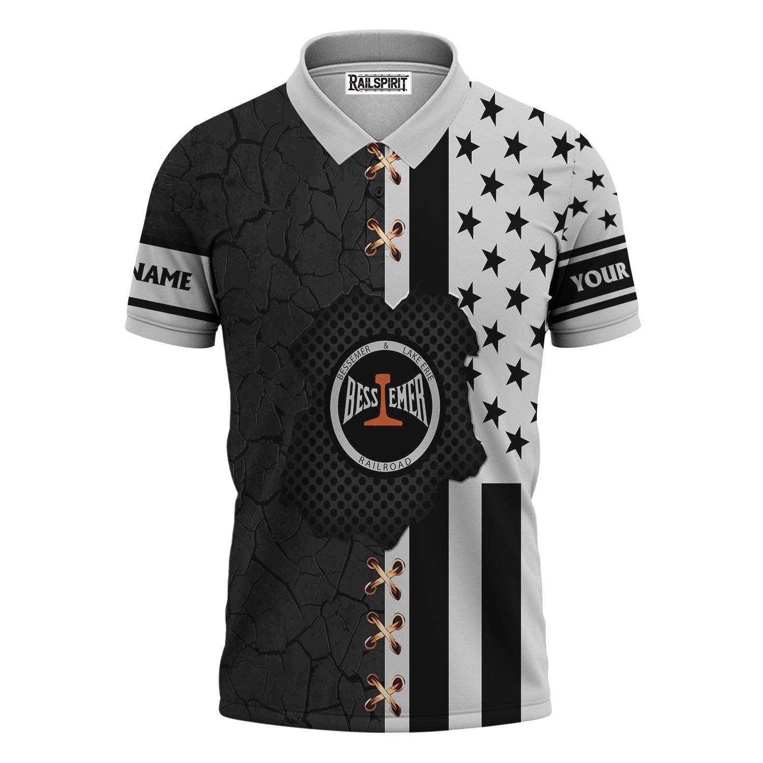 Railspirit Personalized Bessemer And Lake Erie Railroad Polo Shirt American Flag with Crack Effect Train Shirt