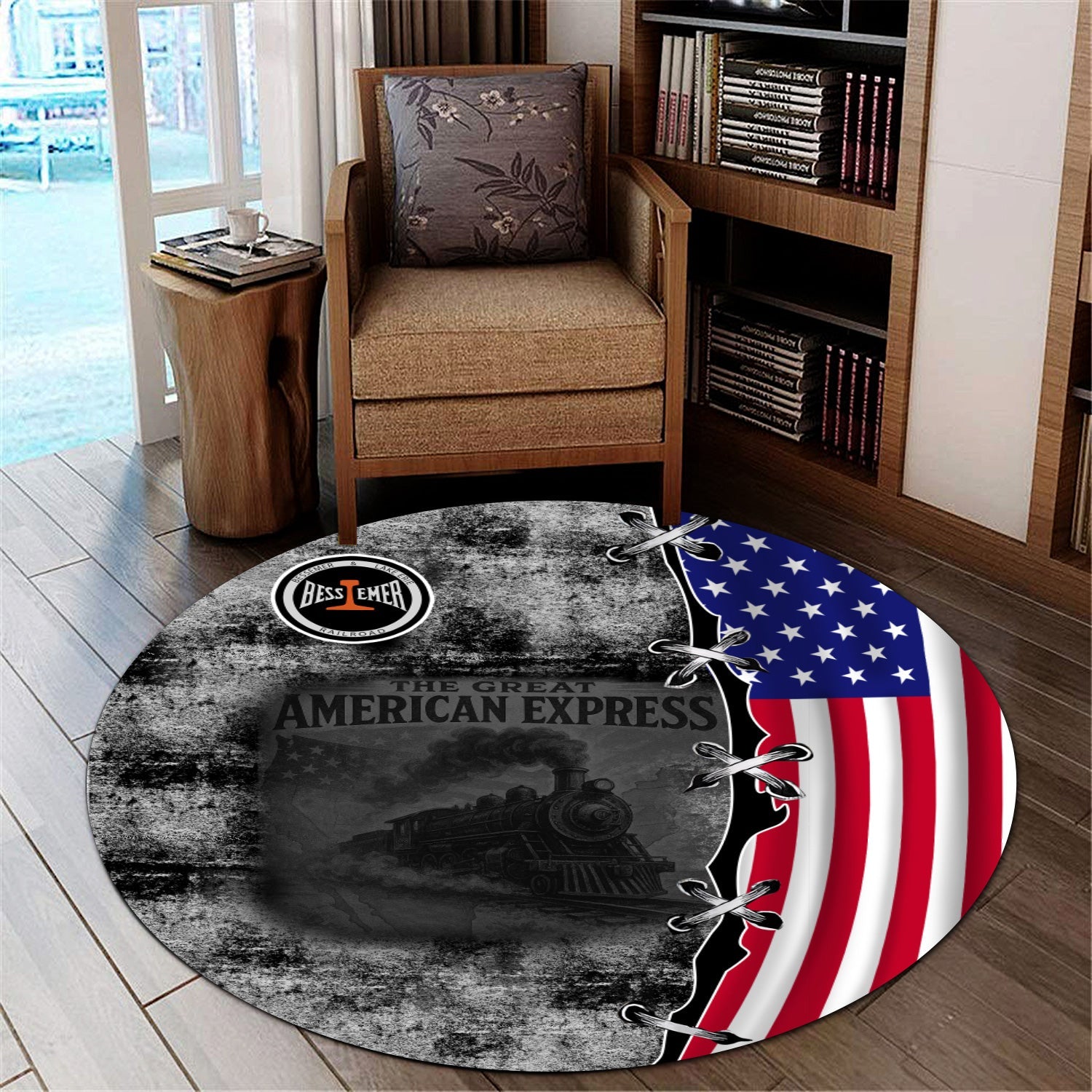 Railspirit Bessemer And Lake Erie Railroad Round Mat Retro American Express Train With USA Flag Round Mat