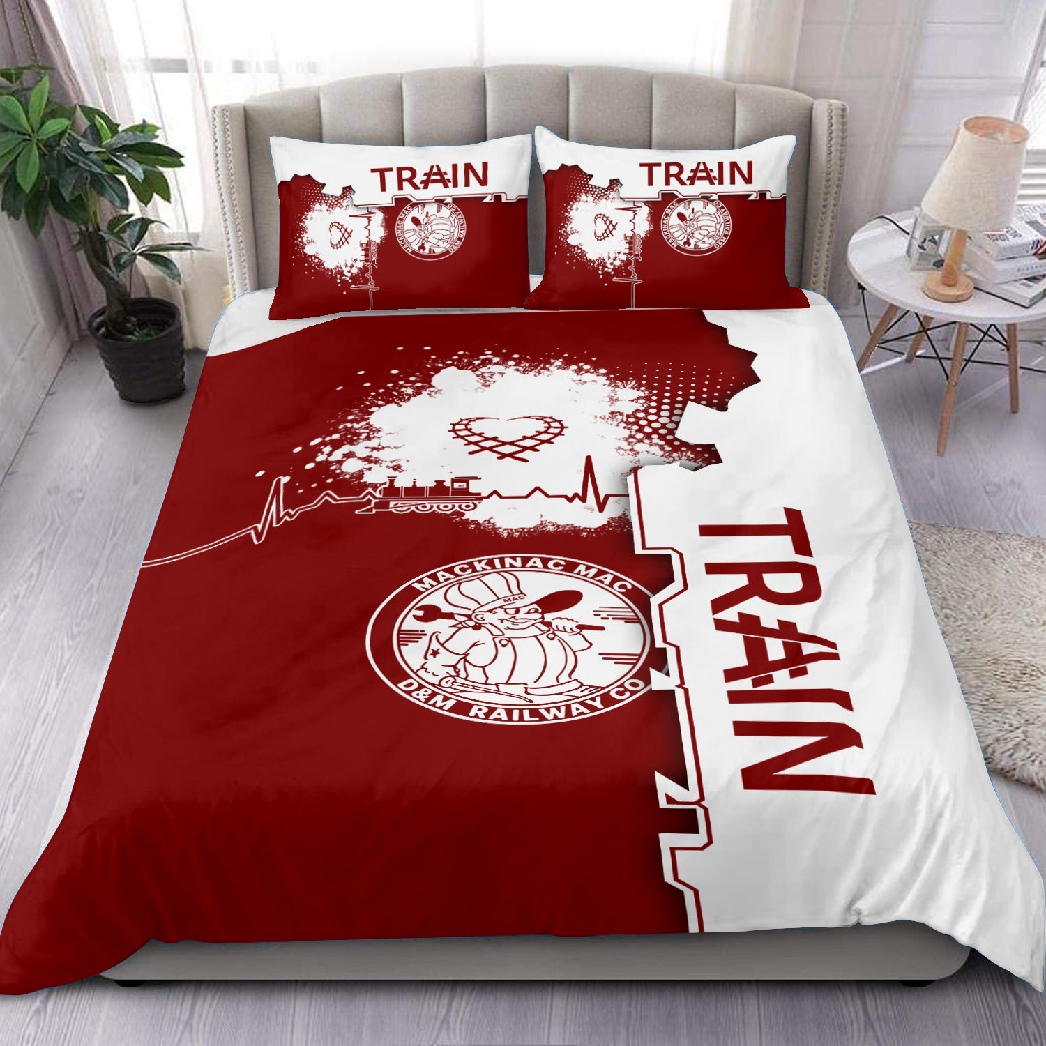 Railspirit Detroit & Mackinac Railroad Bedding Set Engine Heartbeat and Track Love Style Bedding Set Gift Idea For Train Lovers