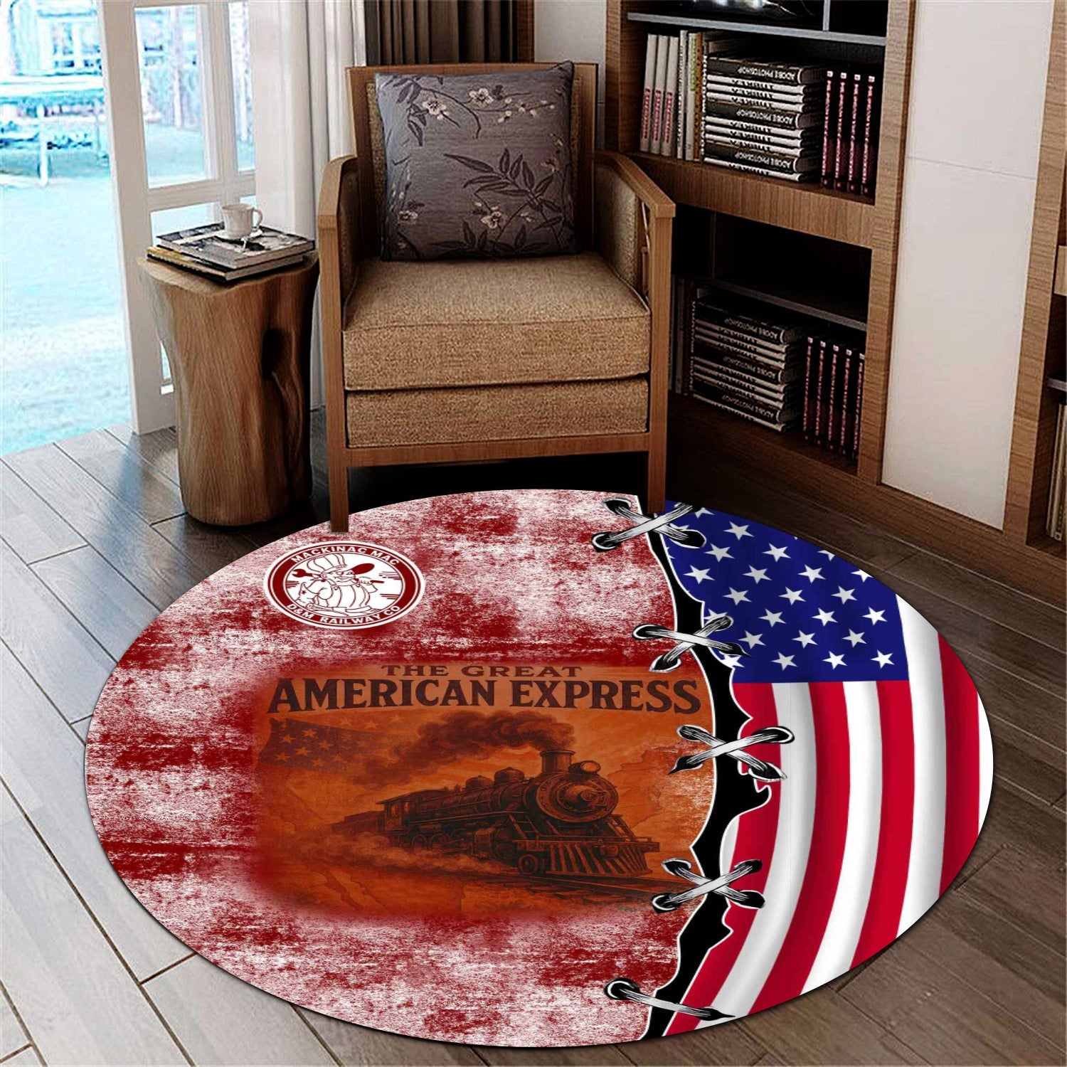 Railspirit Detroit & Mackinac Railroad Round Mat Retro American Express Train With USA Flag Round Mat