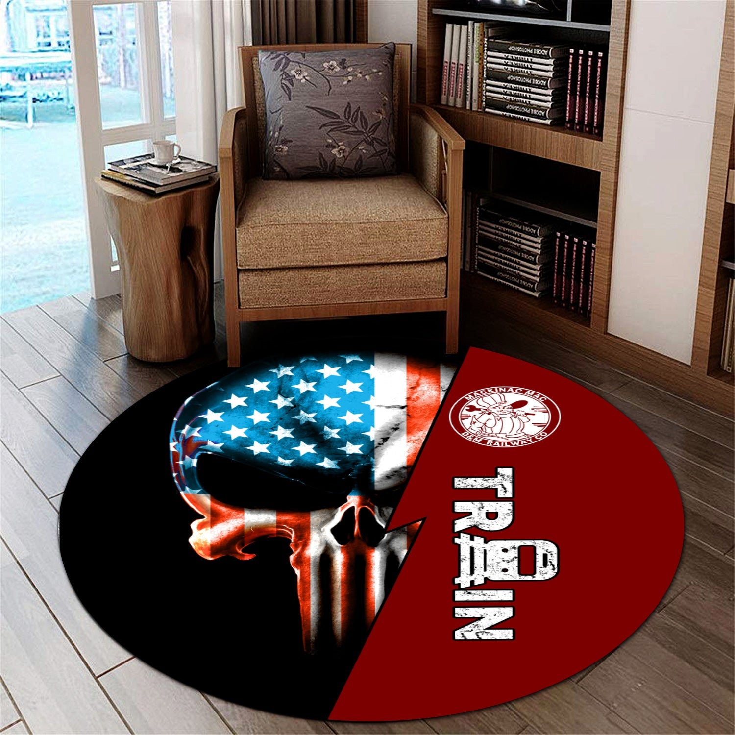 Railspirit Detroit & Mackinac Railroad Round Mat Train Skull American Flag Style Rug All Over Print