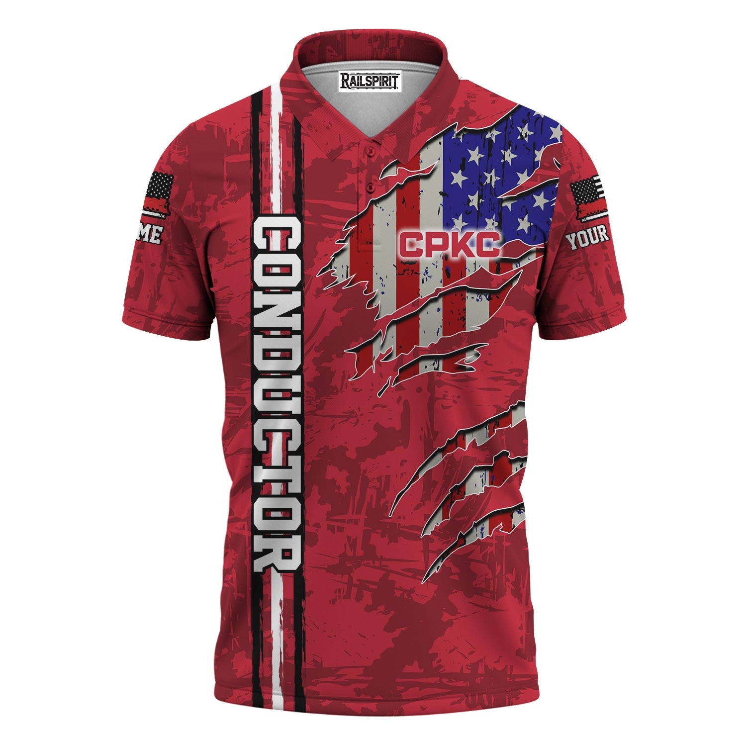 Railspirit Personalized Canadian Pacific Kansas City Polo Shirt USA Flag Claw Art with Custom Job CPKC Train Shirt