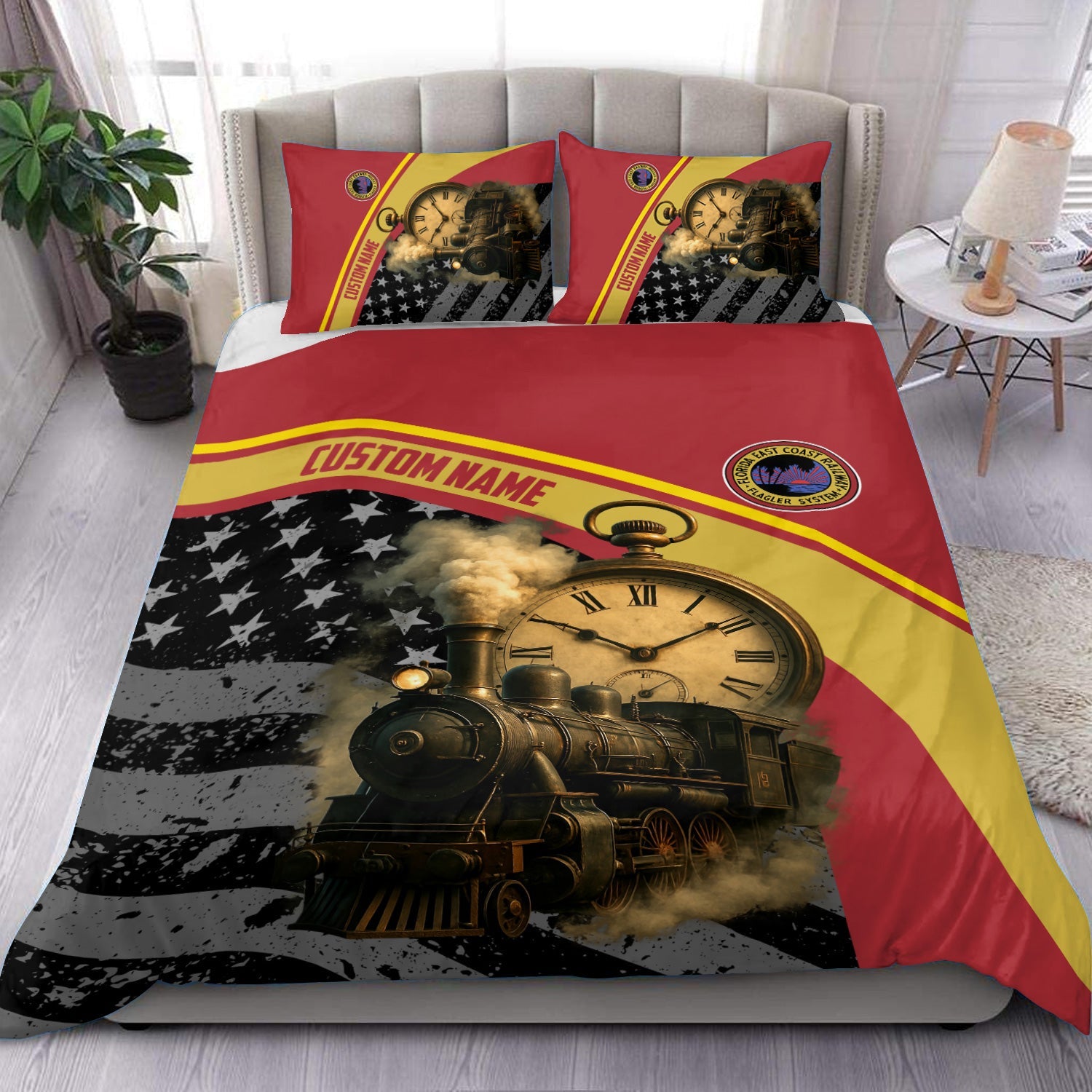 Railspirit Personalized Florida East Coast Railway Bedding Set Classic Steam Engine With Retro Pocket Watch Bedding Set All Over Print
