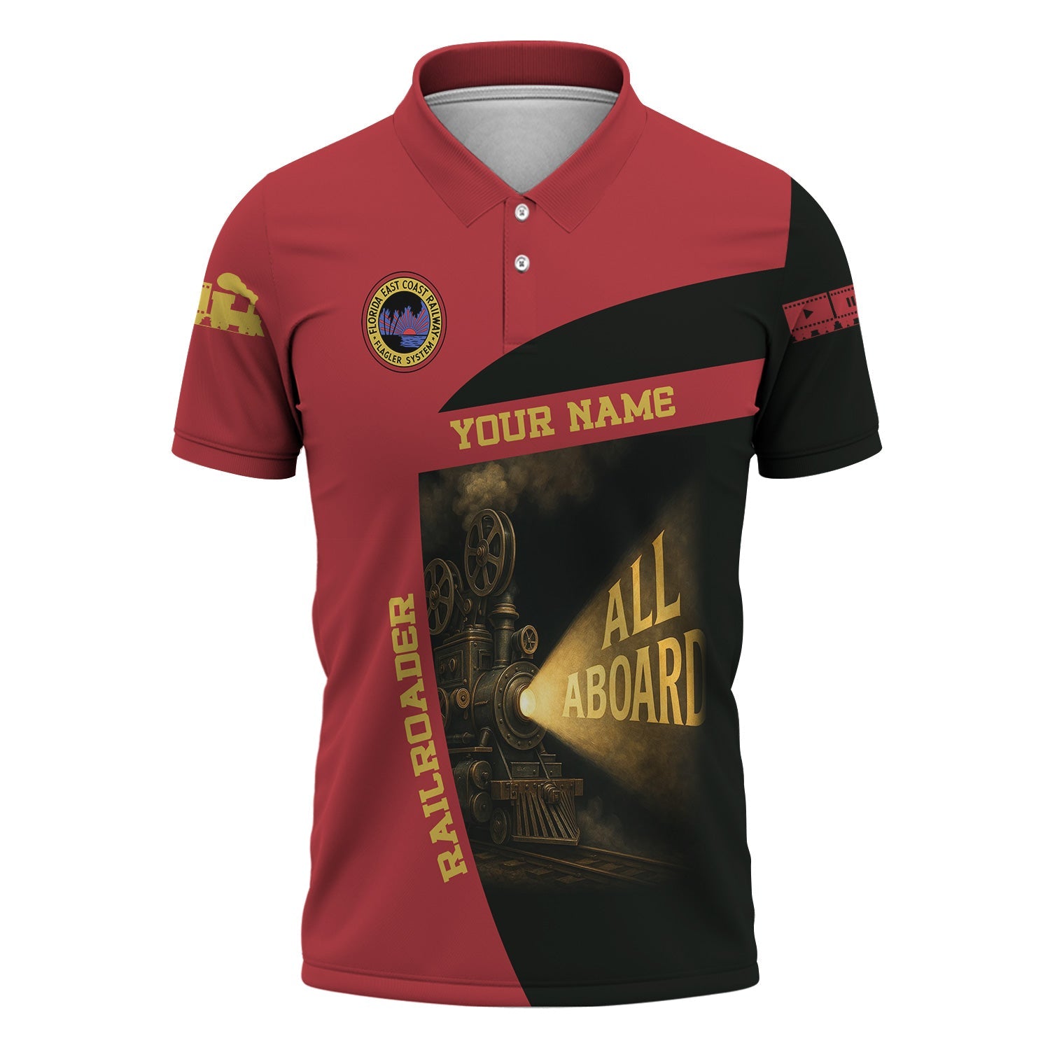 Railspirit Personalized Florida East Coast Railway Polo Shirt All Aboard Steam Train Movie Projector Style Shirt
