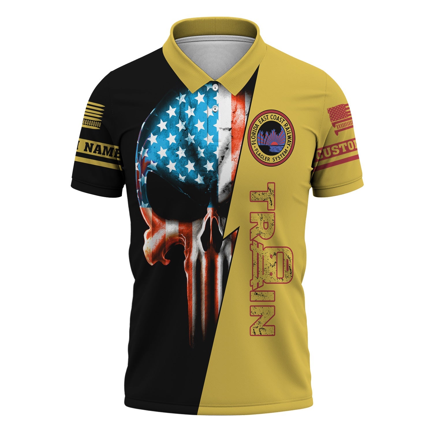Railspirit Personalized Florida East Coast Railway Polo Shirt Train Skull American Flag Shirt All Over Print