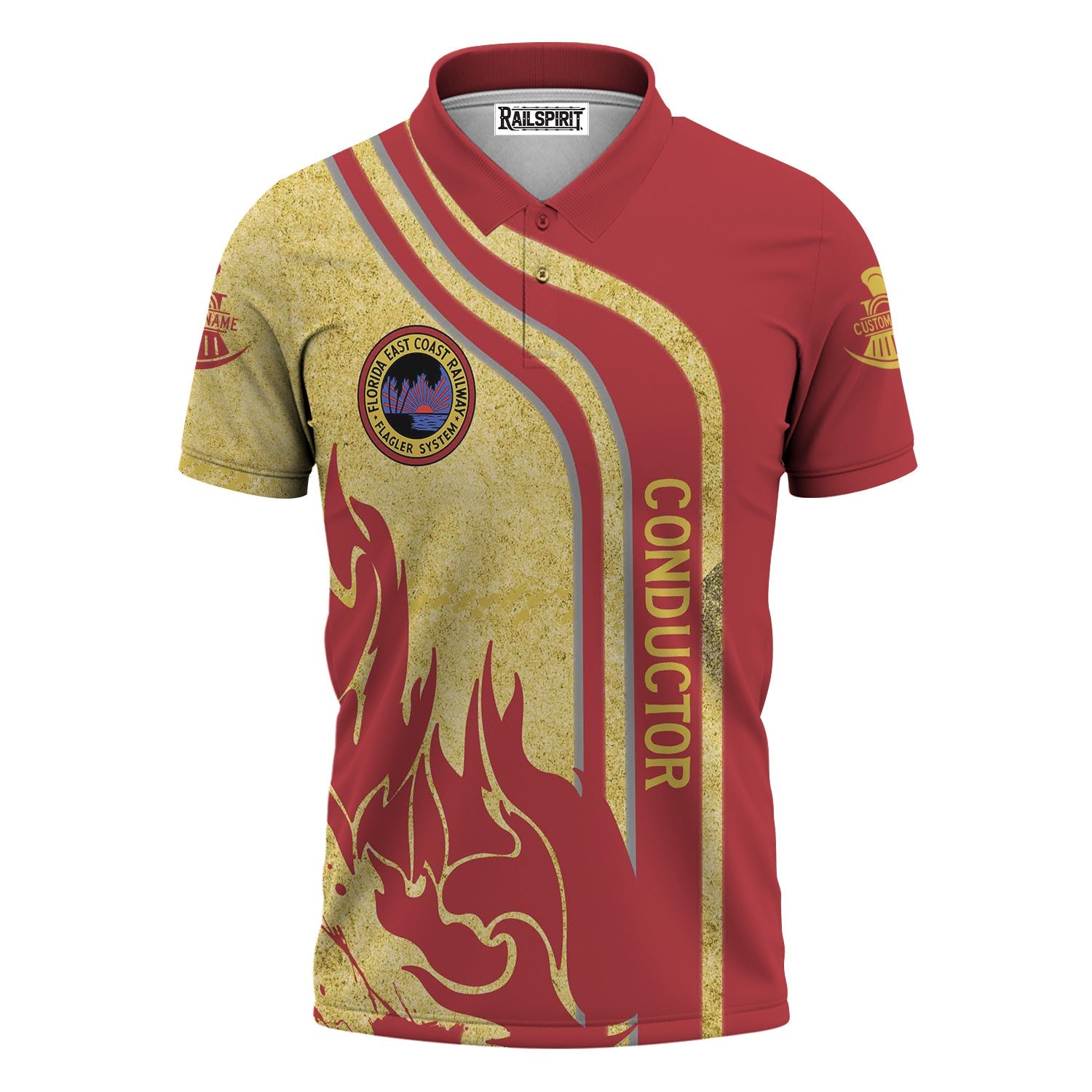 Railspirit Personalized Florida East Coast Railway Polo Shirt Flame Design with Custom Job Position Train Shirt