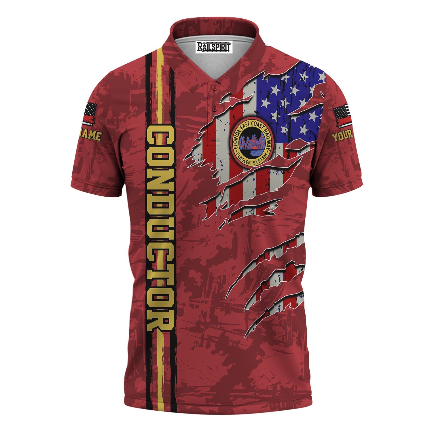 Railspirit Personalized Florida East Coast Railway Polo Shirt USA Flag Claw Art with Custom Job Train Shirt