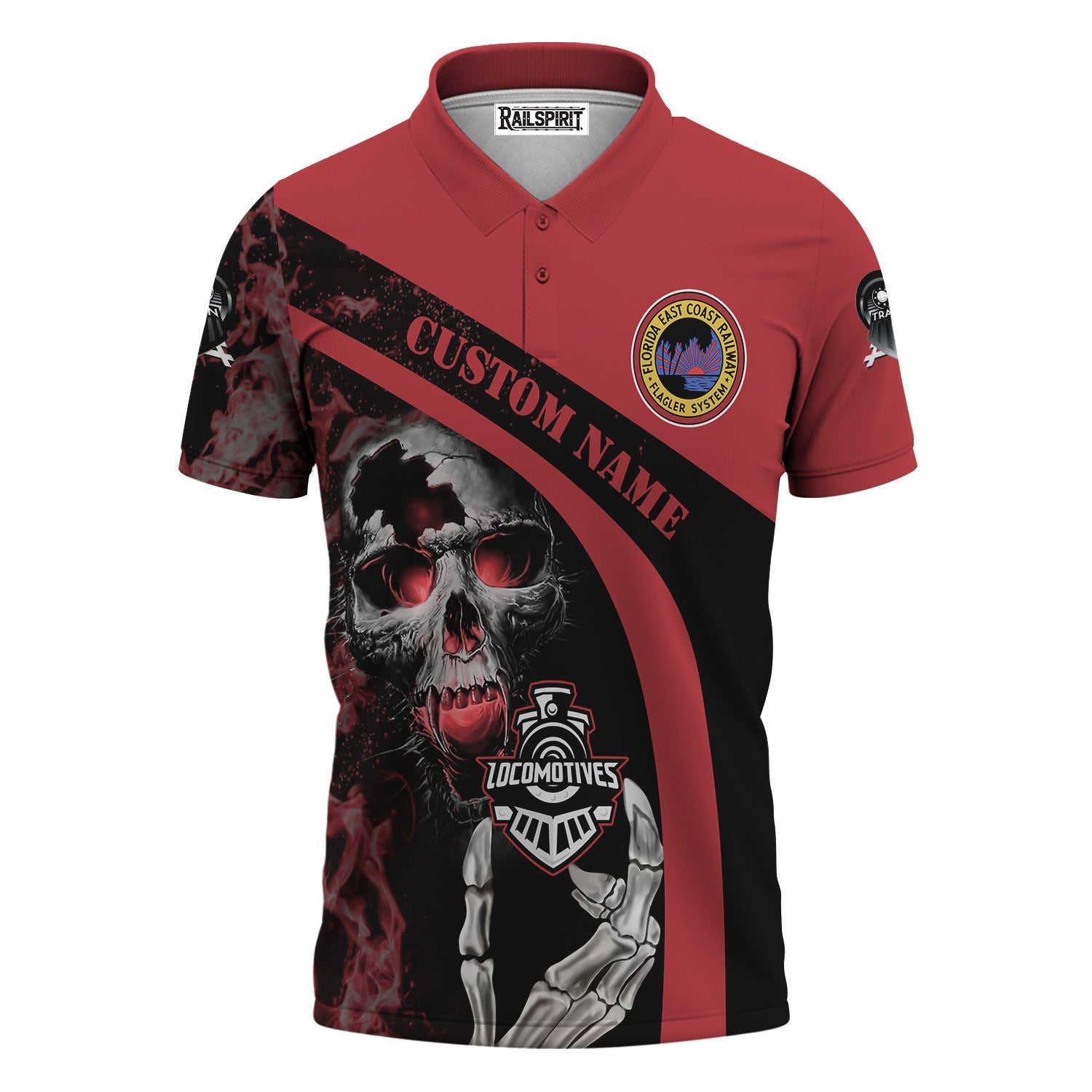 Railspirit Personalized Florida East Coast Railway Polo Shirt Flame Skull Design Train Shirt for Locomotive Fans