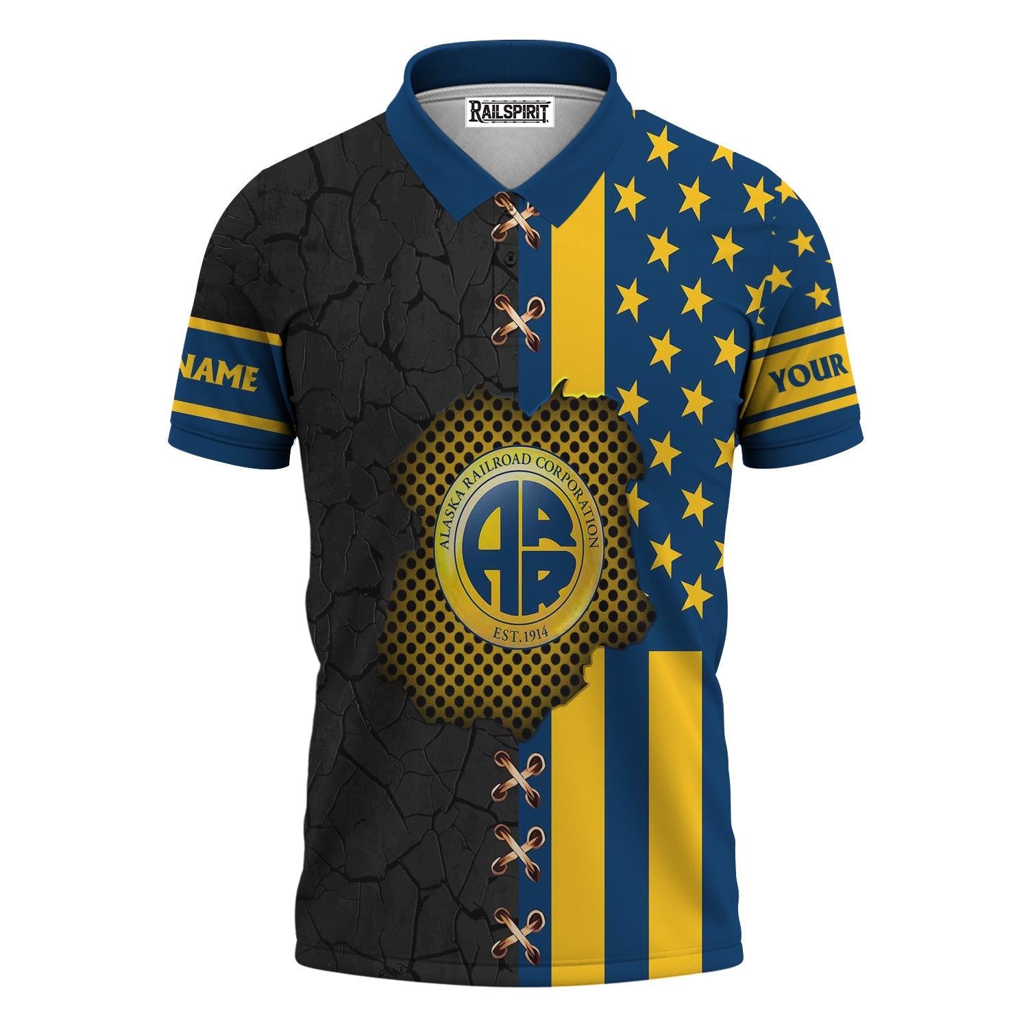 Railspirit Personalized Alaska Railroad Polo Shirt American Flag with Crack Effect Train Shirt