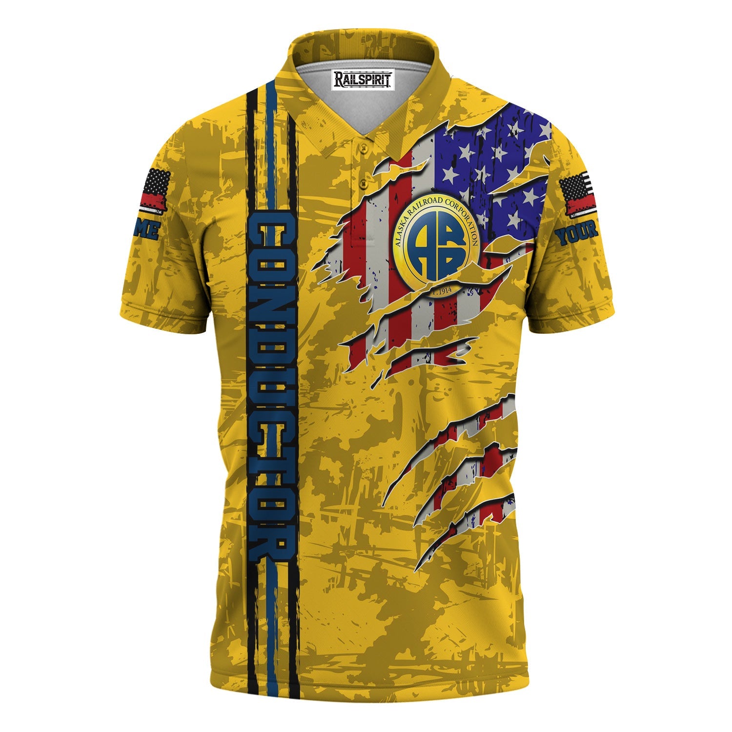 Railspirit Personalized Alaska Railroad Polo Shirt USA Flag Claw Art with Custom Job Train Shirt