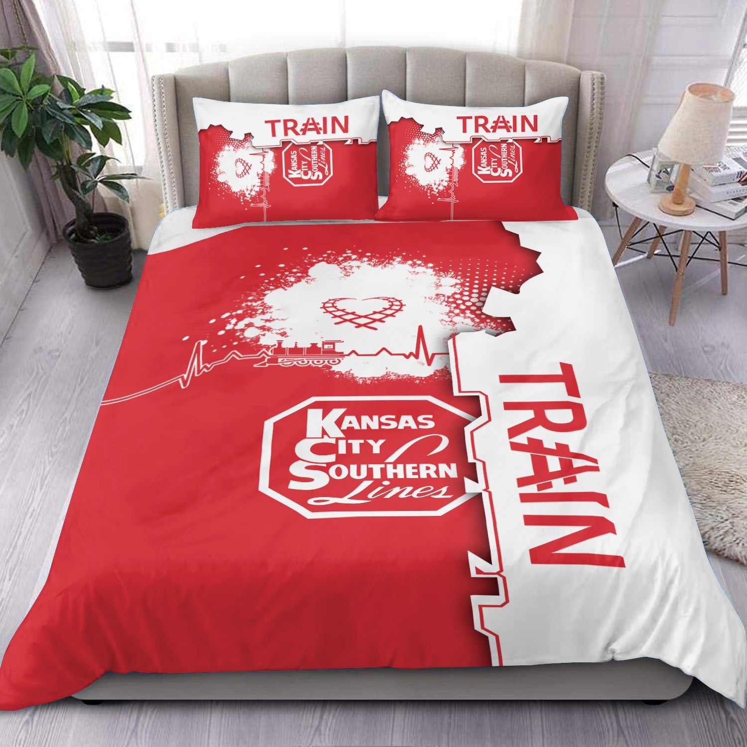 Railspirit Kansas City Southern Bedding Set Engine Heartbeat and Track Love Style Bedding Set Gift Idea For Train Lovers