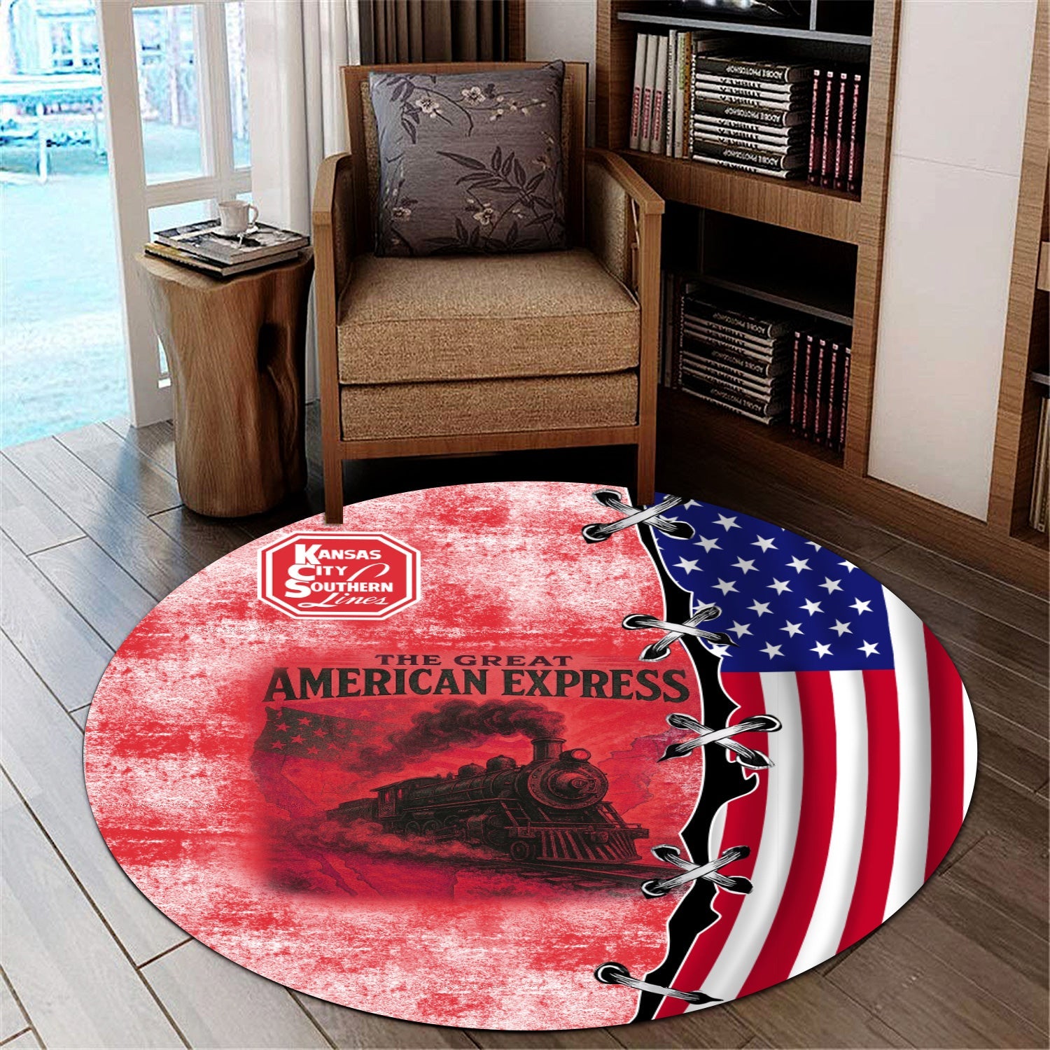 Railspirit Kansas City Southern Round Mat Retro American Express Train With USA Flag Round Mat