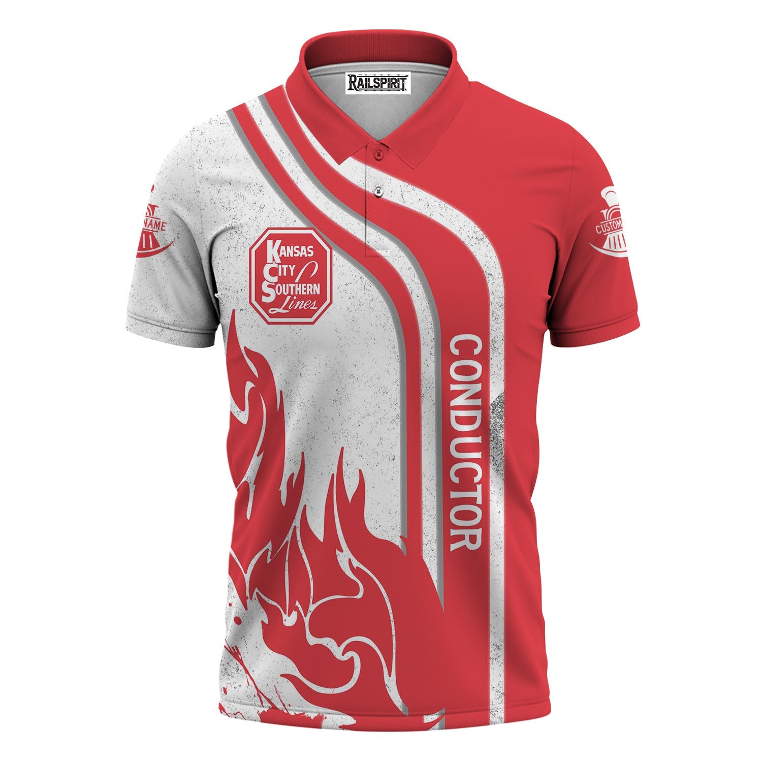 Railspirit Personalized Kansas City Southern Polo Shirt Flame Design with Custom Job Position Train Shirt