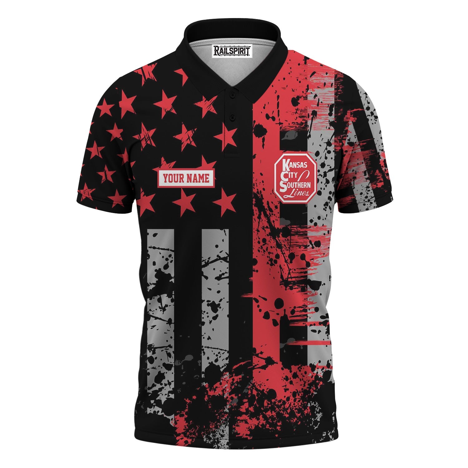 Railspirit Personalized Kansas City Southern Polo Shirt Artistic Paint American Flag Style Train Shirt