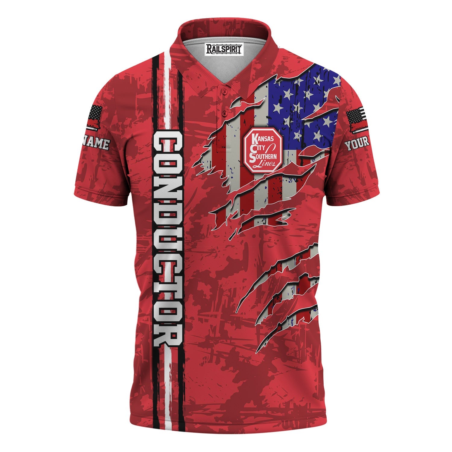 Railspirit Personalized Kansas City Southern Polo Shirt USA Flag Claw Art with Custom Job Train Shirt