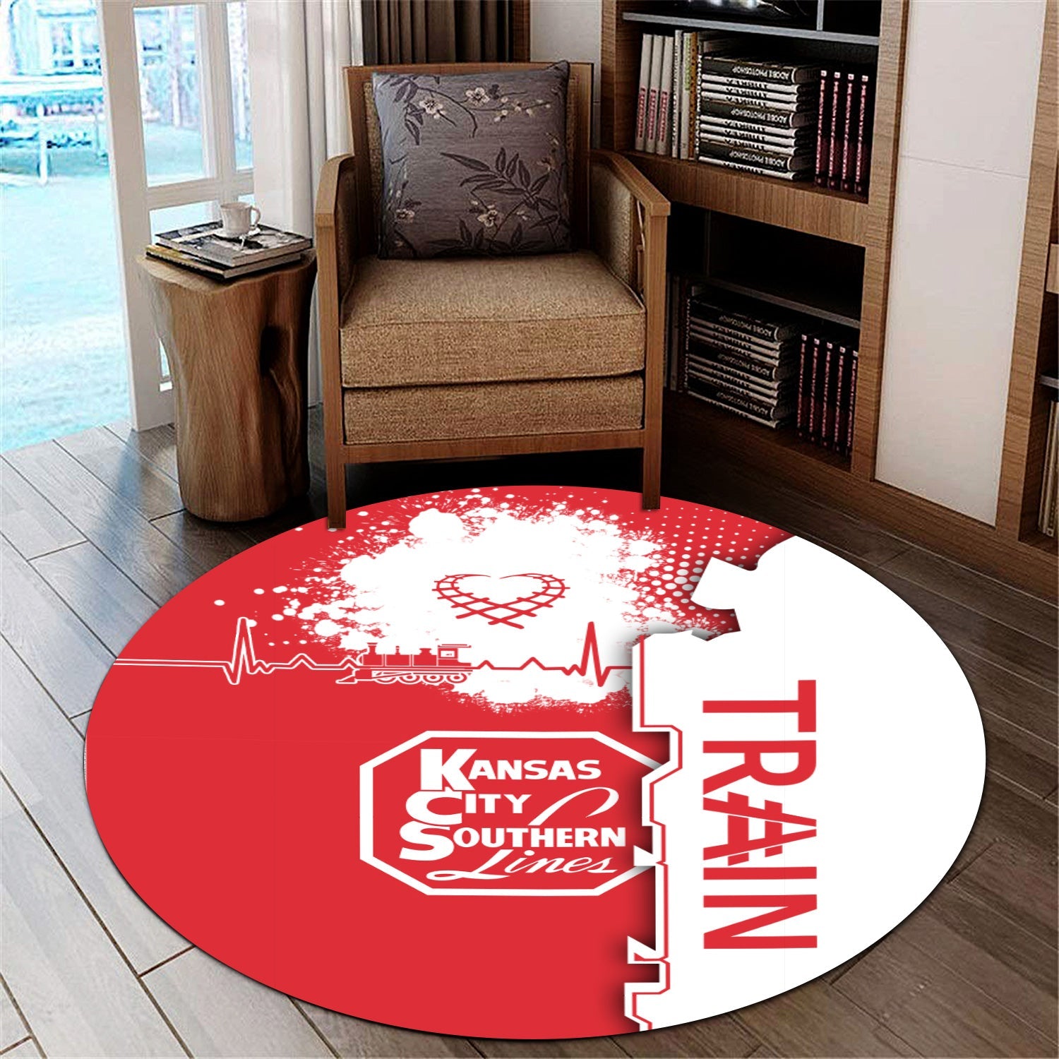 Railspirit Kansas City Southern Round Mat Engine Heartbeat and Track Love Style Mat Gift Idea For Train Lovers