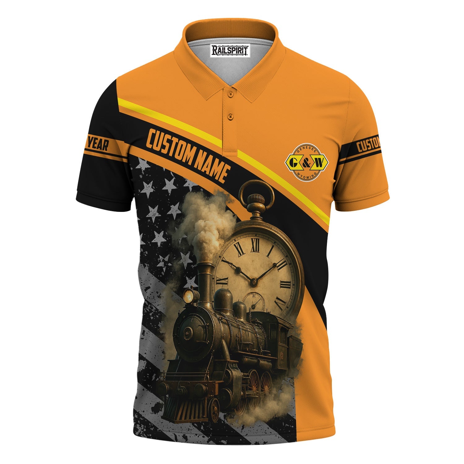 Railspirit Personalized Genesee & Wyoming Inc. Railroad Polo Shirt Classic Steam Engine With Retro Pocket Watch Shirt All Over Print