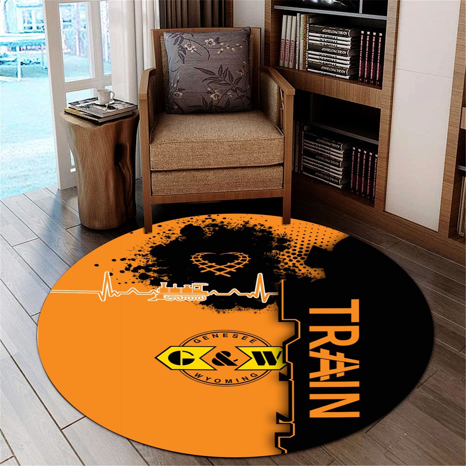 Railspirit Genesee & Wyoming Inc. Railroad Round Mat Engine Heartbeat and Track Love Style Mat Gift Idea For Train Lovers