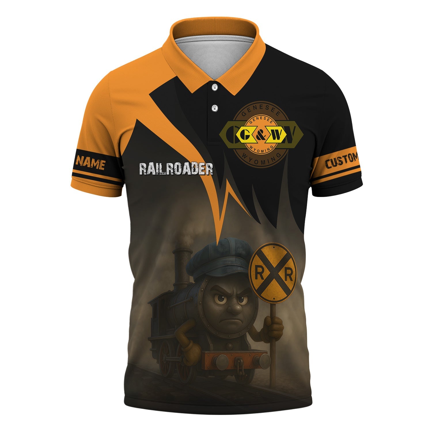 Railspirit Personalized Genesee & Wyoming Inc. Railroad Polo Shirt Angry Train Polo Shirt Gift Idea For Train Lover