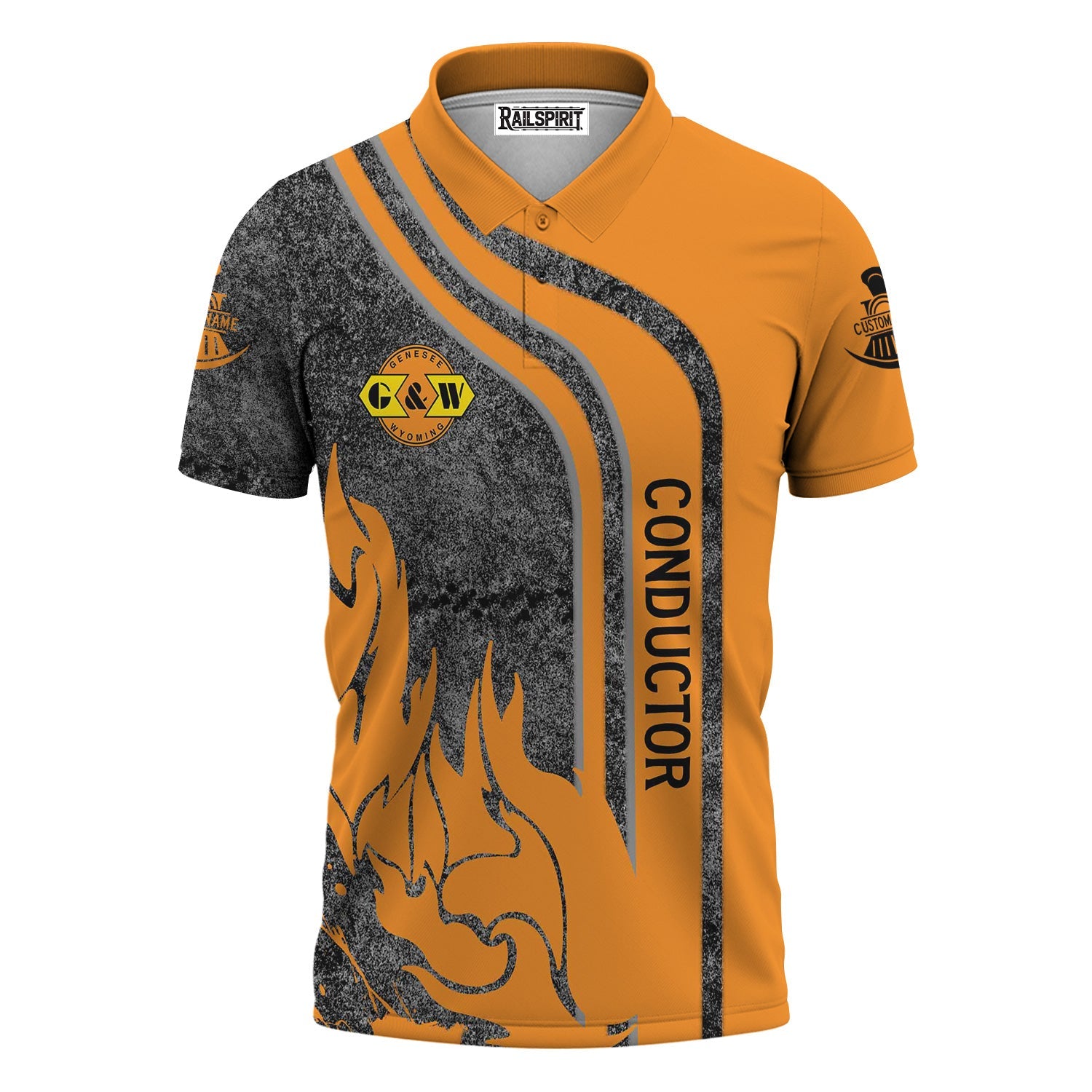 Railspirit Personalized Genesee & Wyoming Inc. Railroad Polo Shirt Flame Design with Custom Job Position Train Shirt