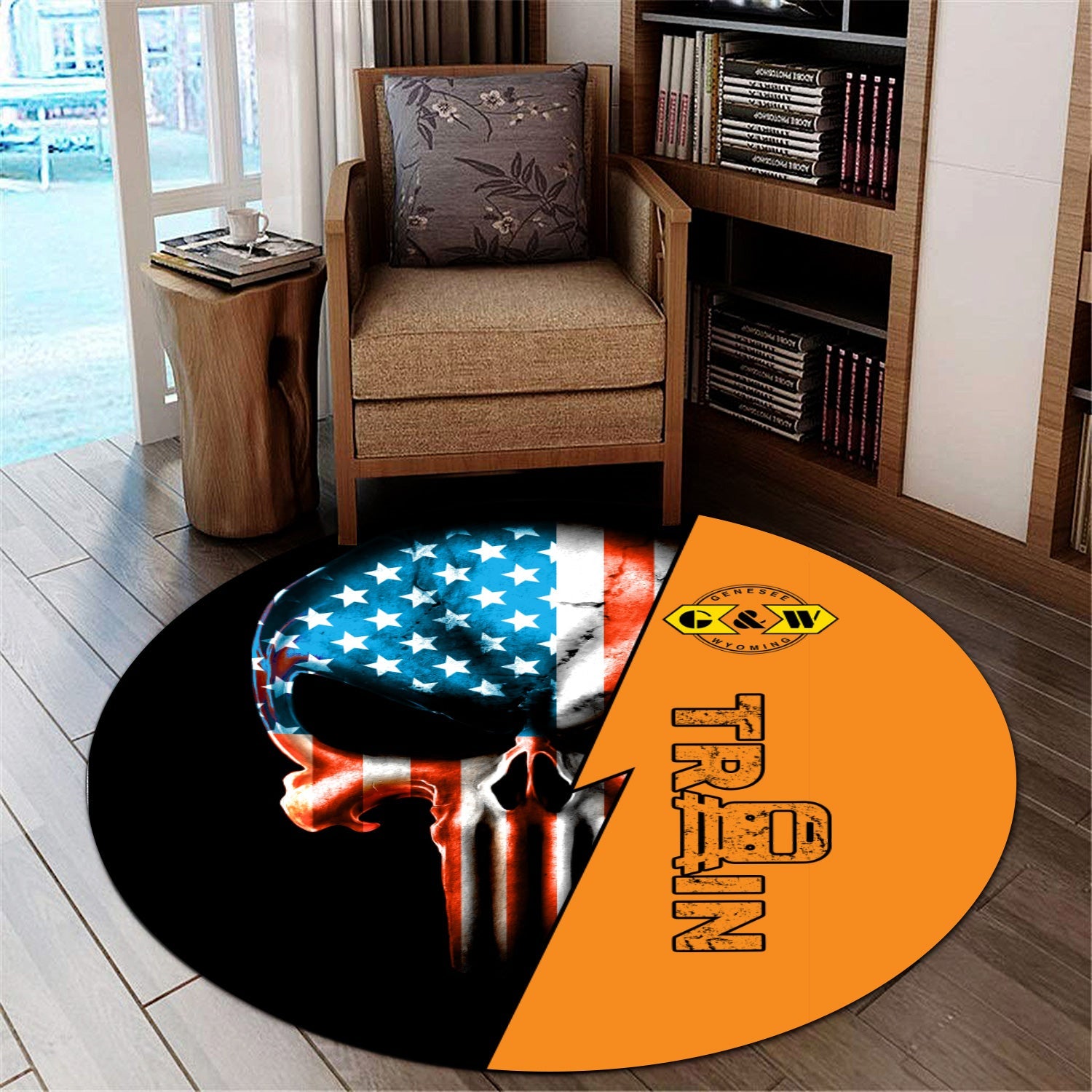 Railspirit Genesee & Wyoming Inc. Railroad Round Mat Train Skull American Flag Style Rug All Over Print