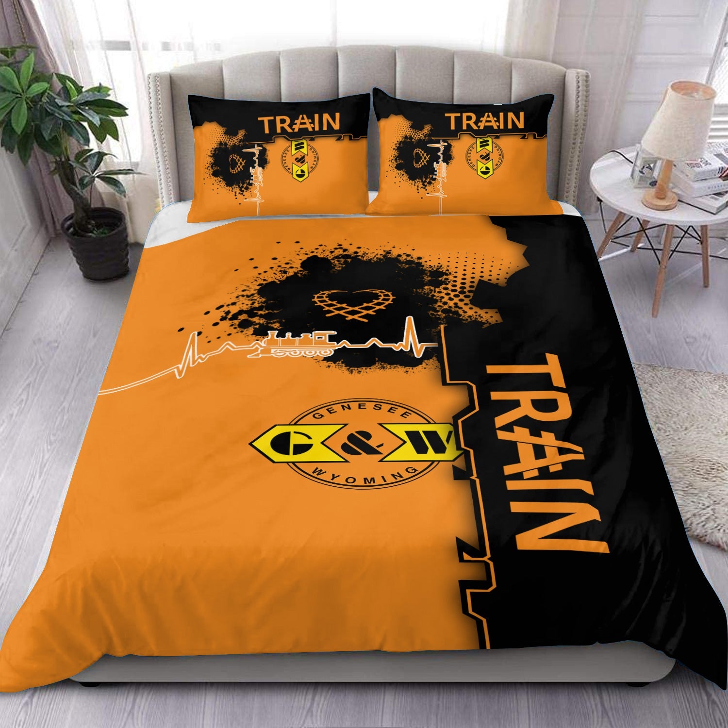 Railspirit Genesee & Wyoming Inc. Railroad Bedding Set Engine Heartbeat and Track Love Style Bedding Set Gift Idea For Train Lovers