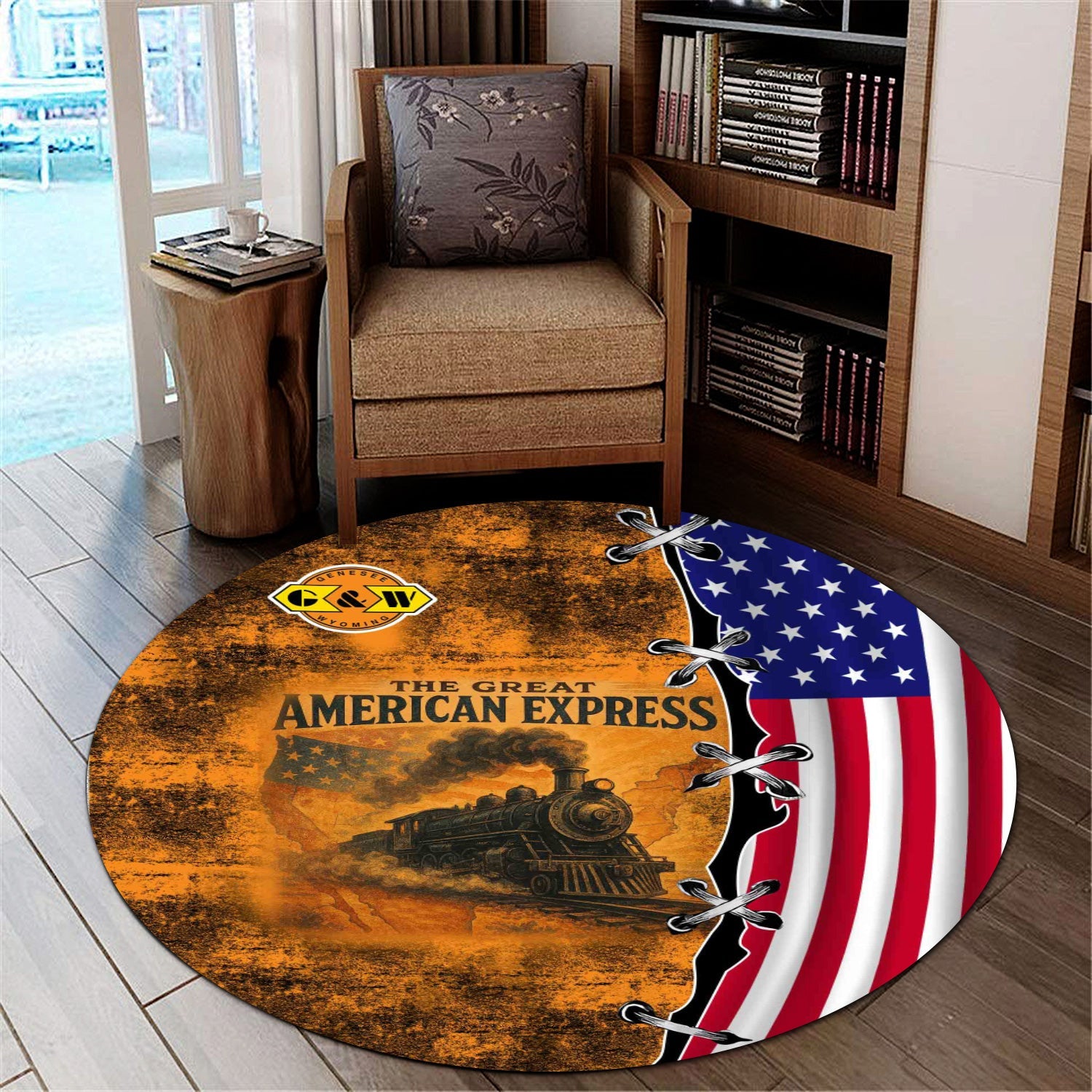 Railspirit Genesee & Wyoming Inc. Railroad Round Mat Retro American Express Train With USA Flag Round Mat