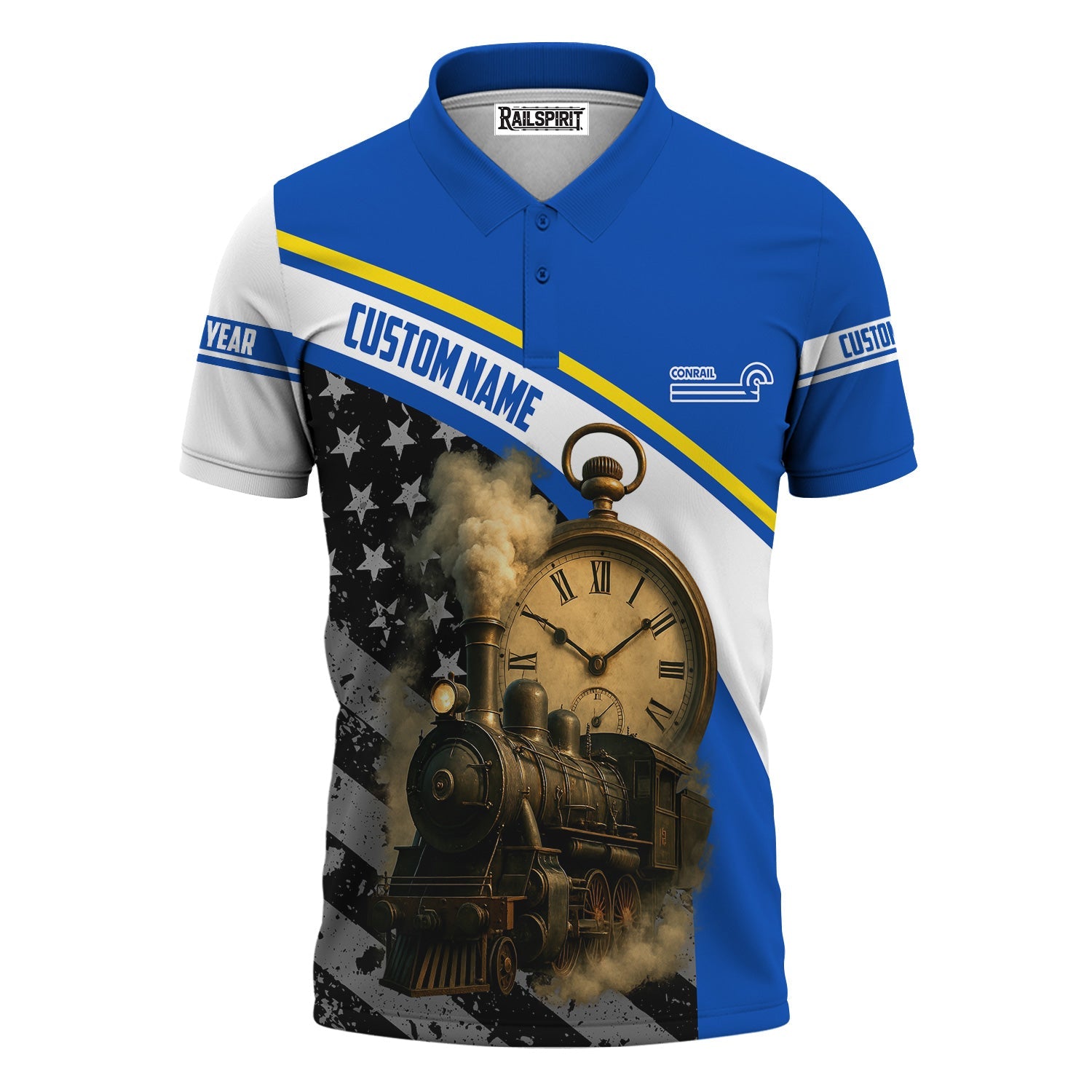 Railspirit Personalized Conrail Railroad Polo Shirt Classic Steam Engine With Retro Pocket Watch Shirt All Over Print