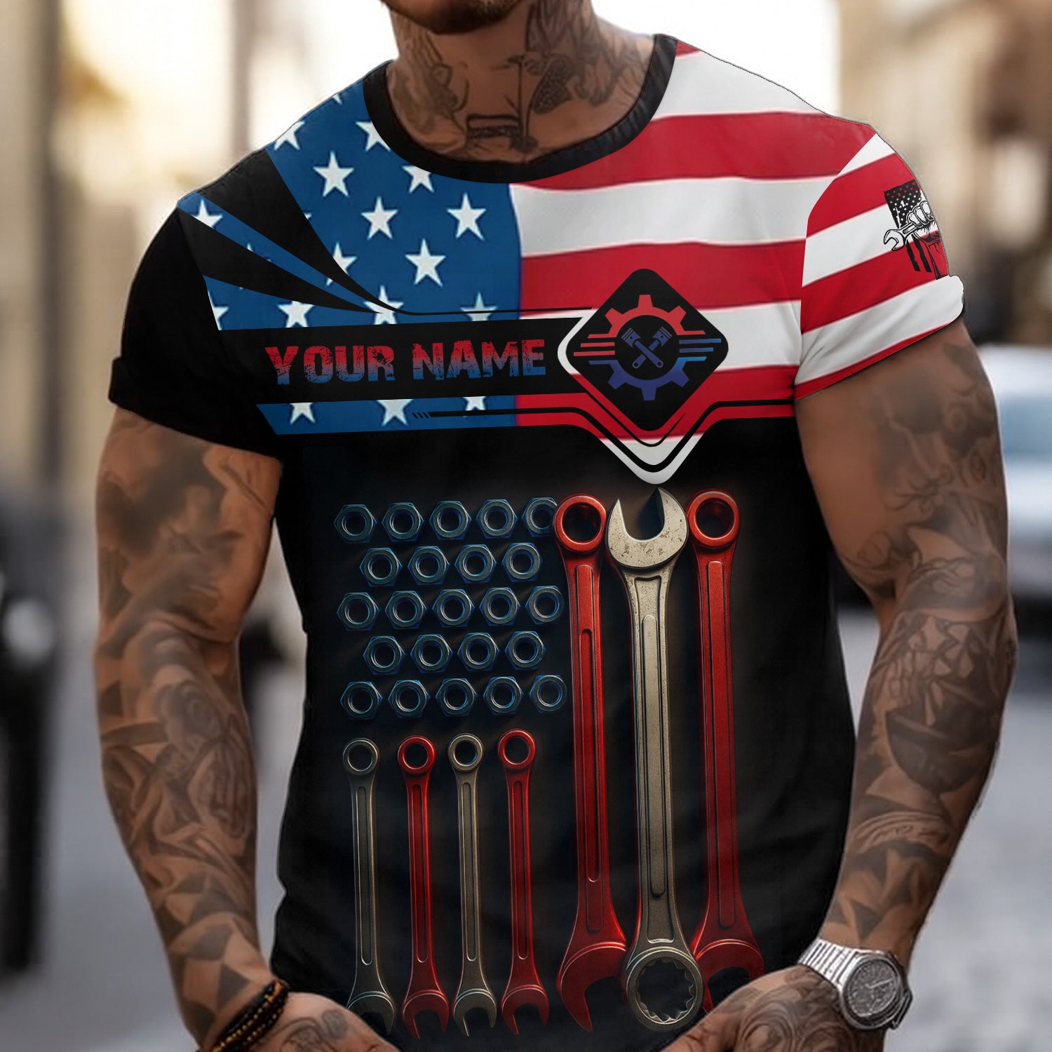 Custom Name Mechanic Shirt Wrenches with American Flag Design T Shirt