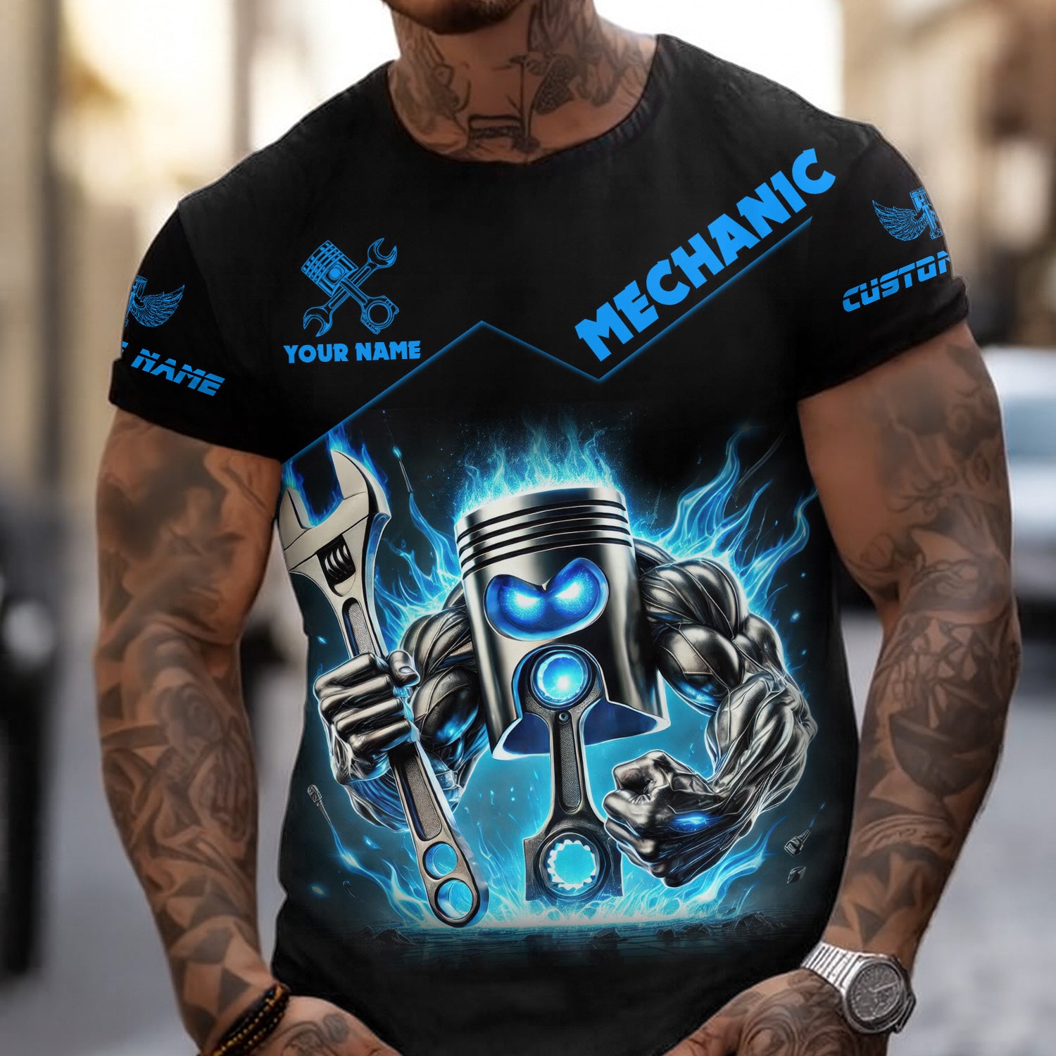 Custom Name Mechanic Shirt Blue Flame Muscle Engine Piston Holding Wrench T Shirt
