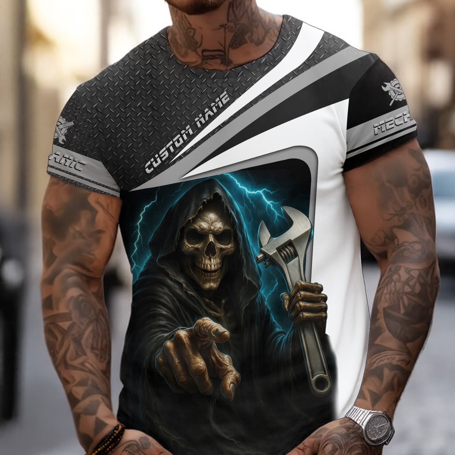 Custom Name Mechanic Shirt Grim Reaper Holding Wrench with Thunder Design T Shirt