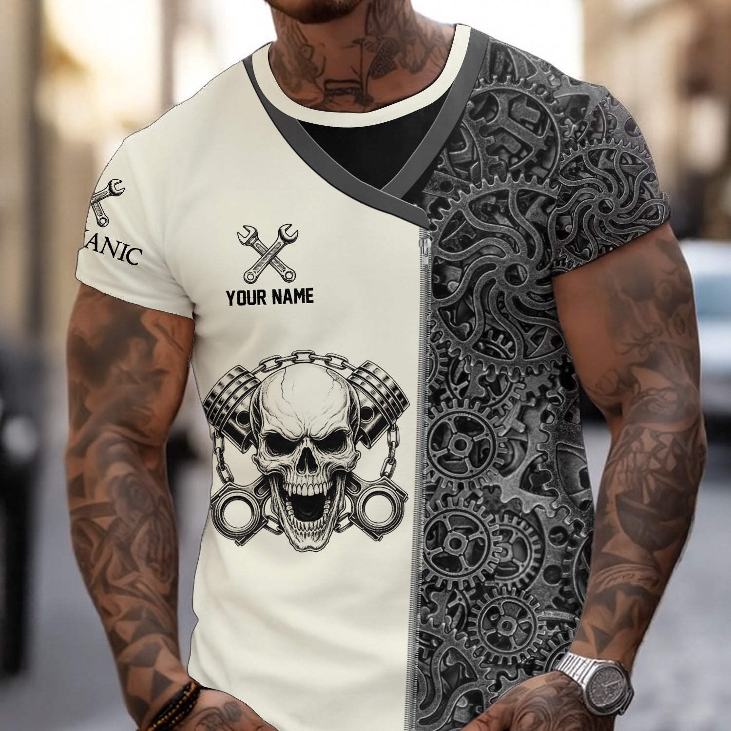 Custom Name Mechanic Shirt Skull with Engine Piston Design Gear Pattern T Shirt All Over Printed