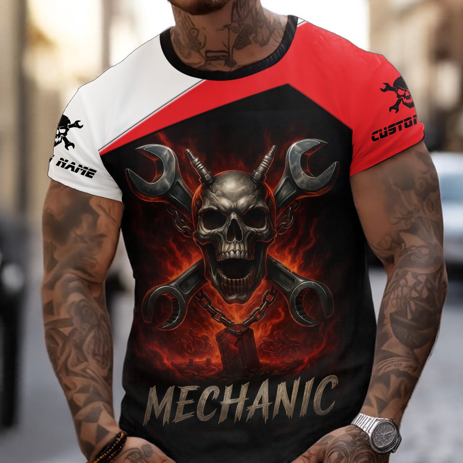 Custom Name Mechanic Shirt Wrench Flame Skull Design T Shirt