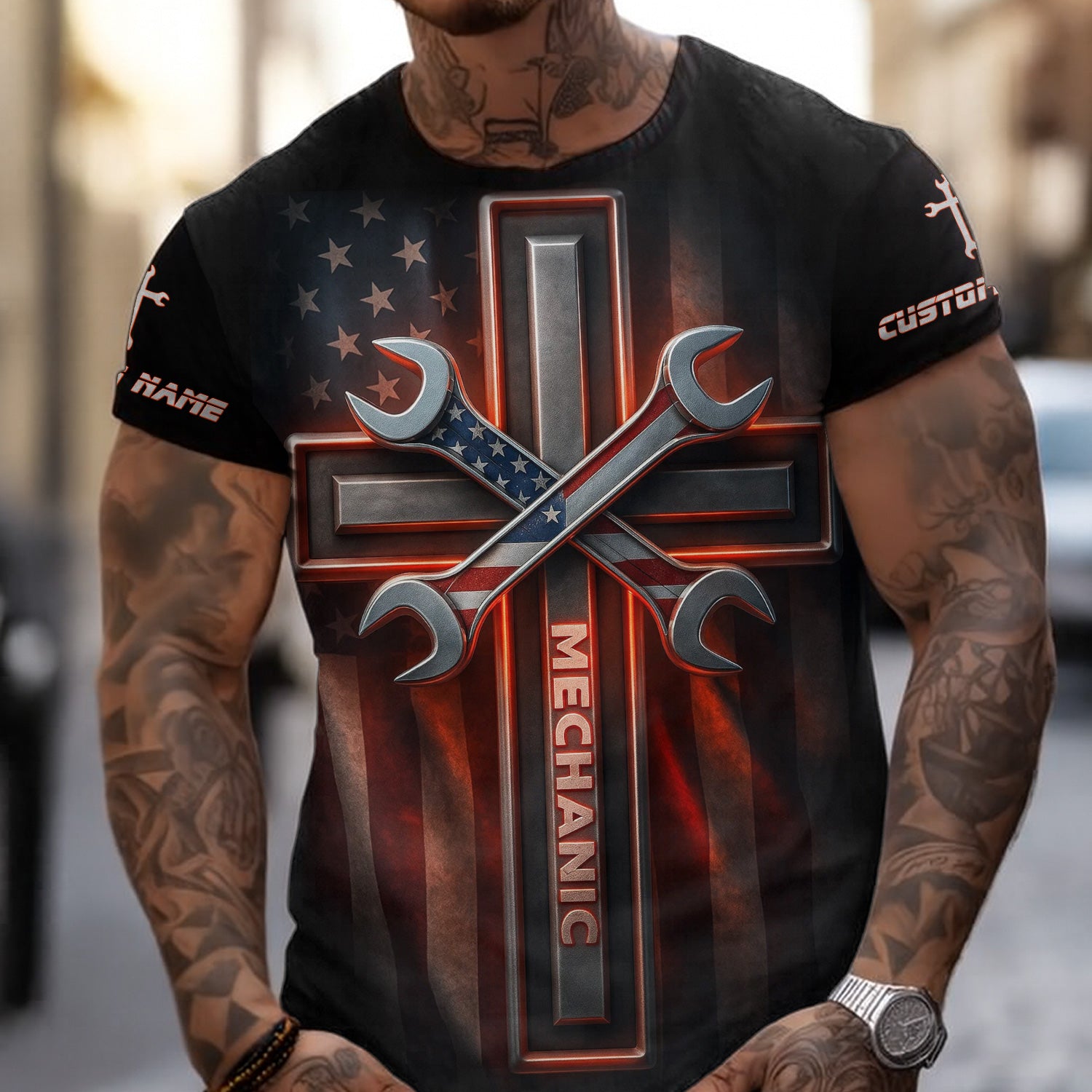 Custom Name Mechanic Shirt Wrench The Cross with USA Flag Design T Shirt